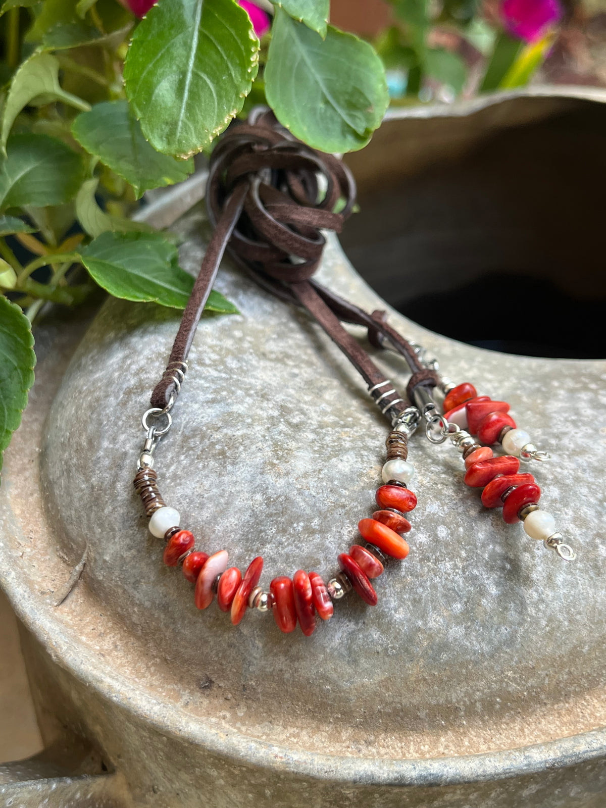 Red Coral & Pearl Choker Lariat Necklace