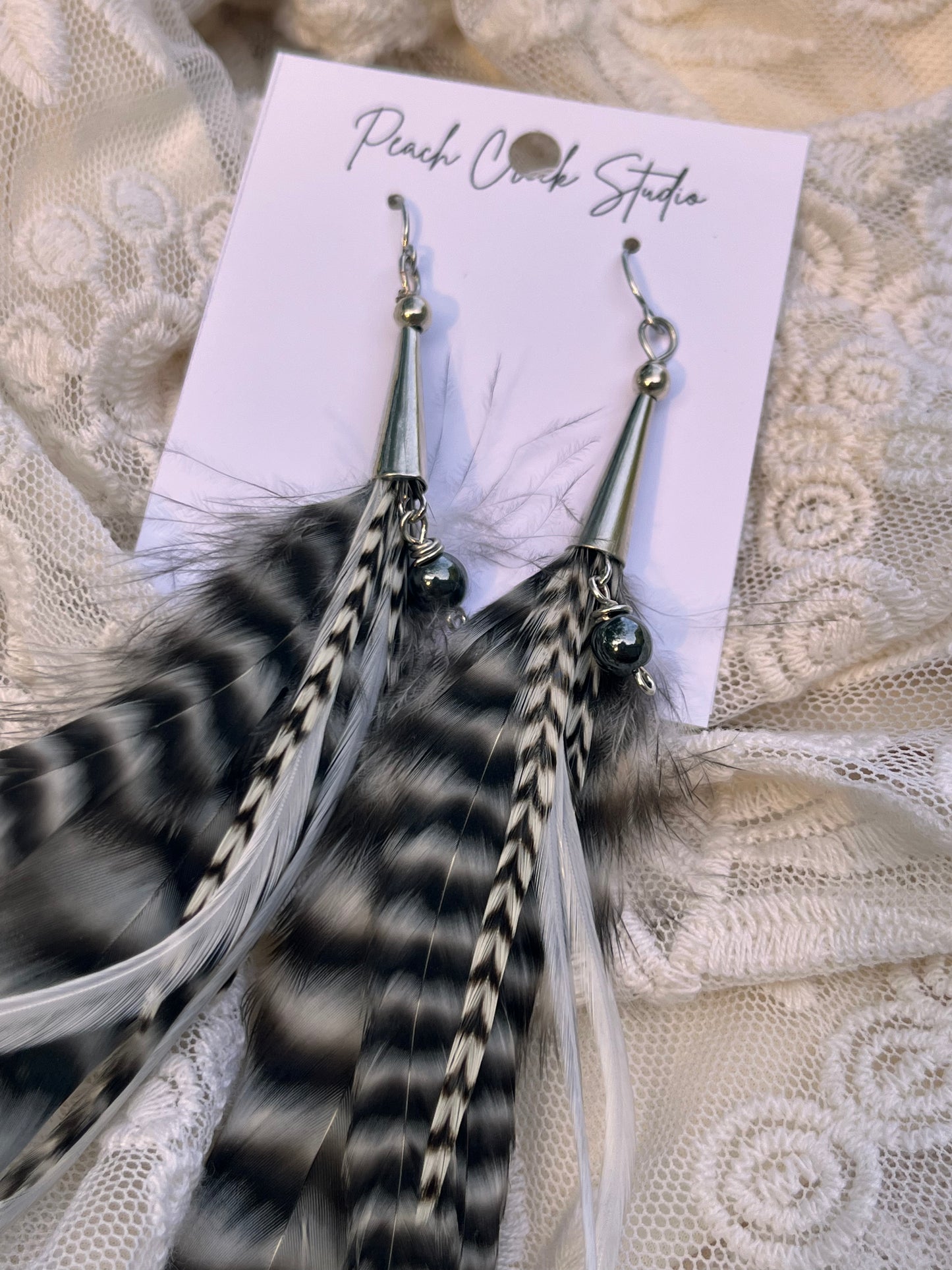 10.5" Grizzly Grey & White Feather Earrings with Hematite