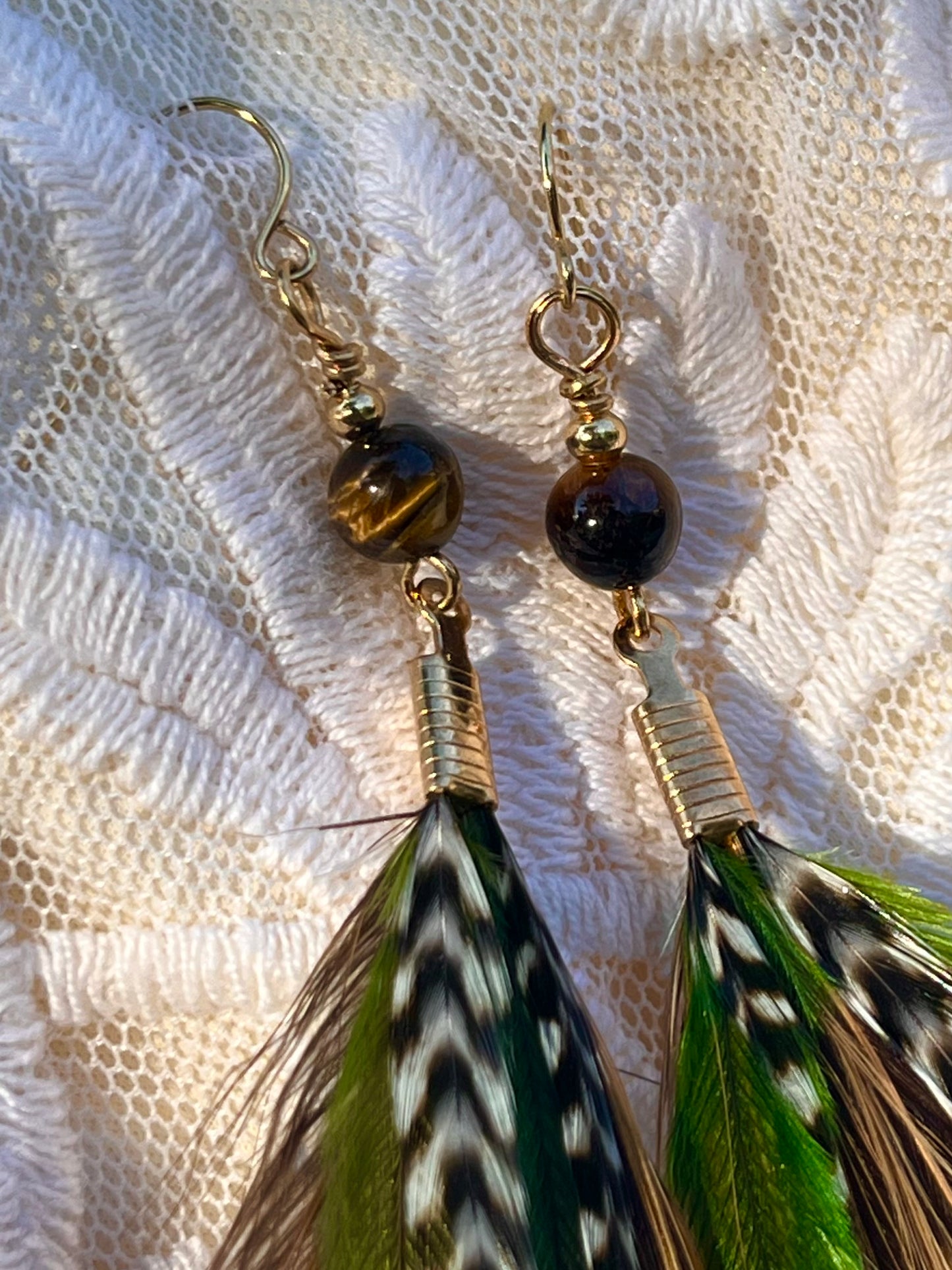5.5” Brown & Green Feather Earrings with Tiger’s Eye stone
