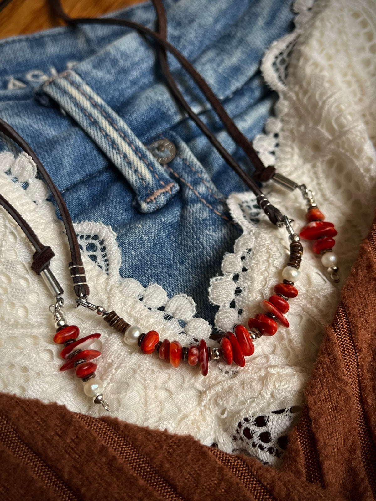 Red Coral & Pearl Choker Lariat Necklace