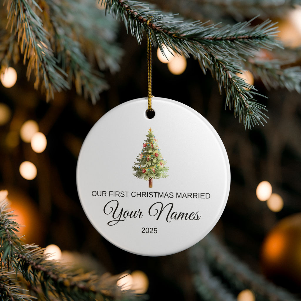 Personalized Wedding Christmas Ornament – First Christmas Married 2025 Round Ceramic