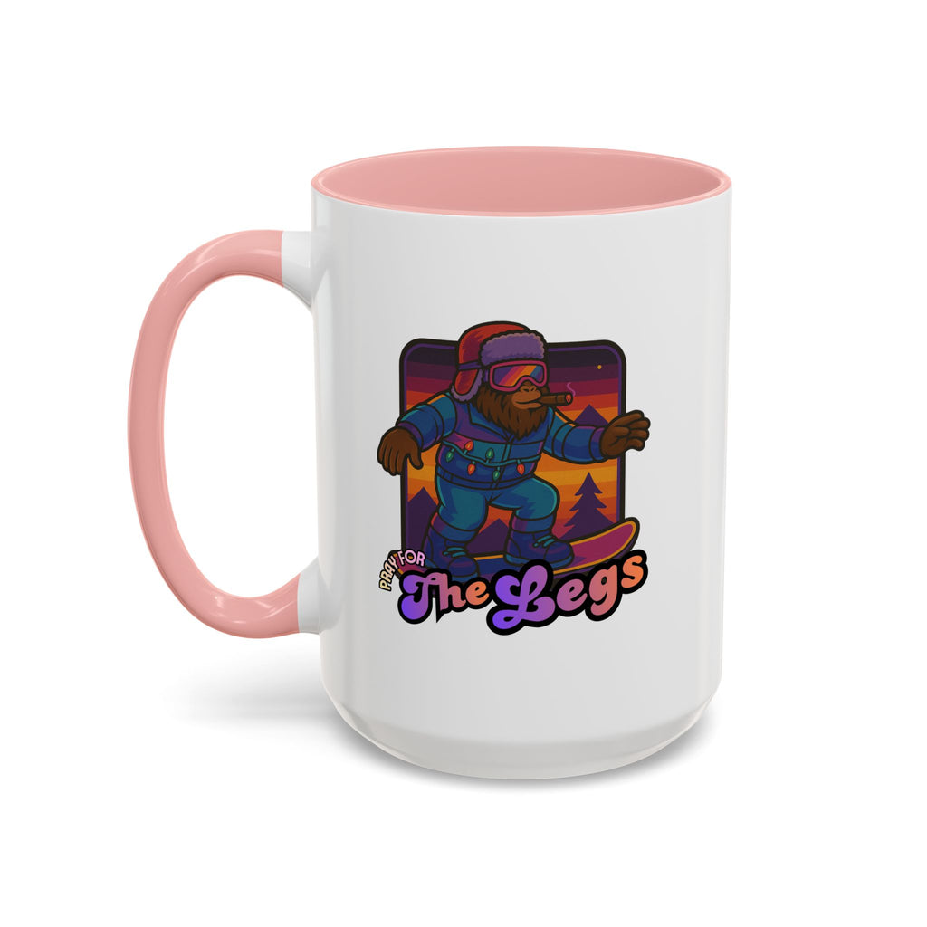 Snowboarding  Sasquatch Coffee Mug - 'Pray for The Legs' Retro Sunset Accent Mug (11/15oz)