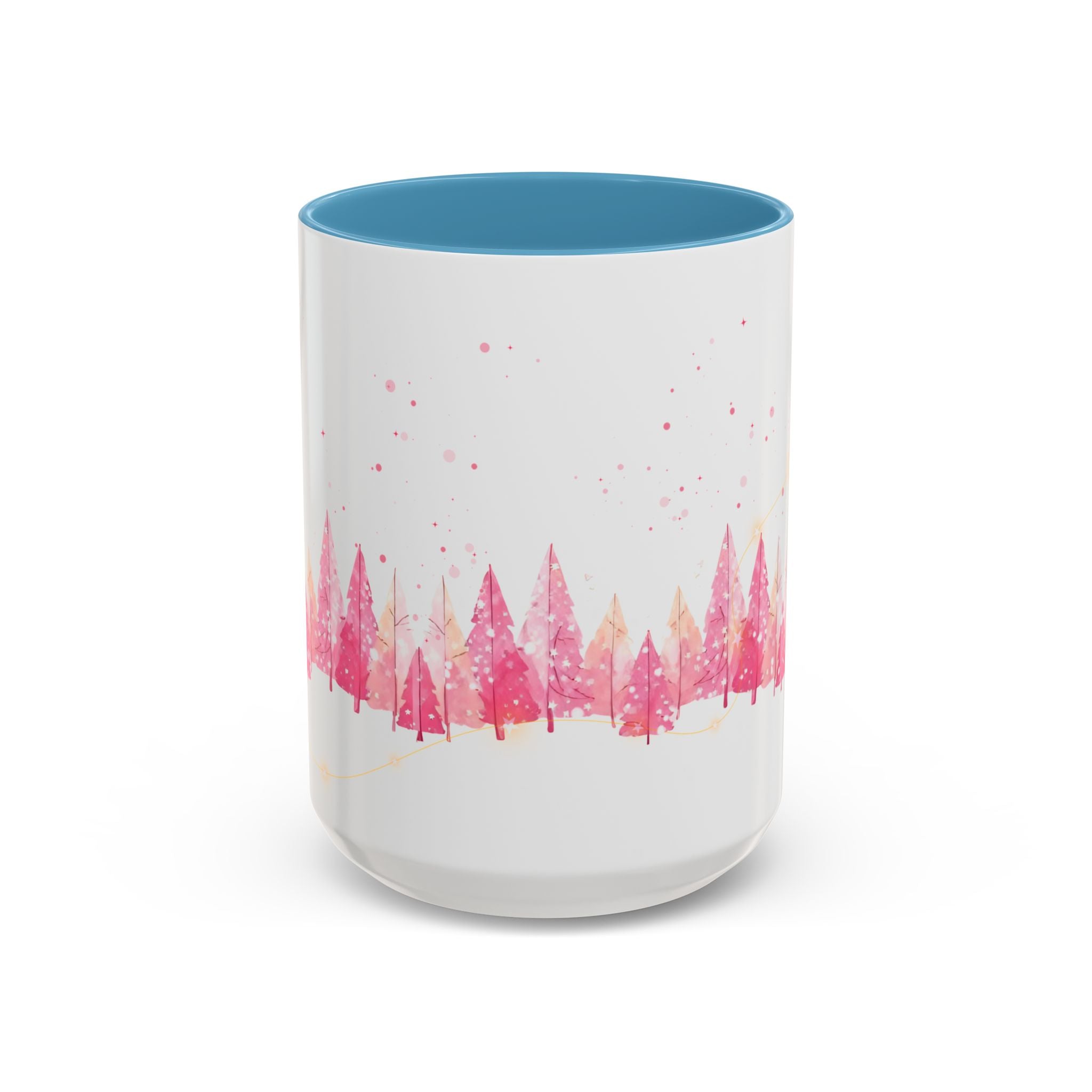 Pink Watercolor Pine Forest Accent Coffee Mug — Holiday Winter Trees (11/15 oz)