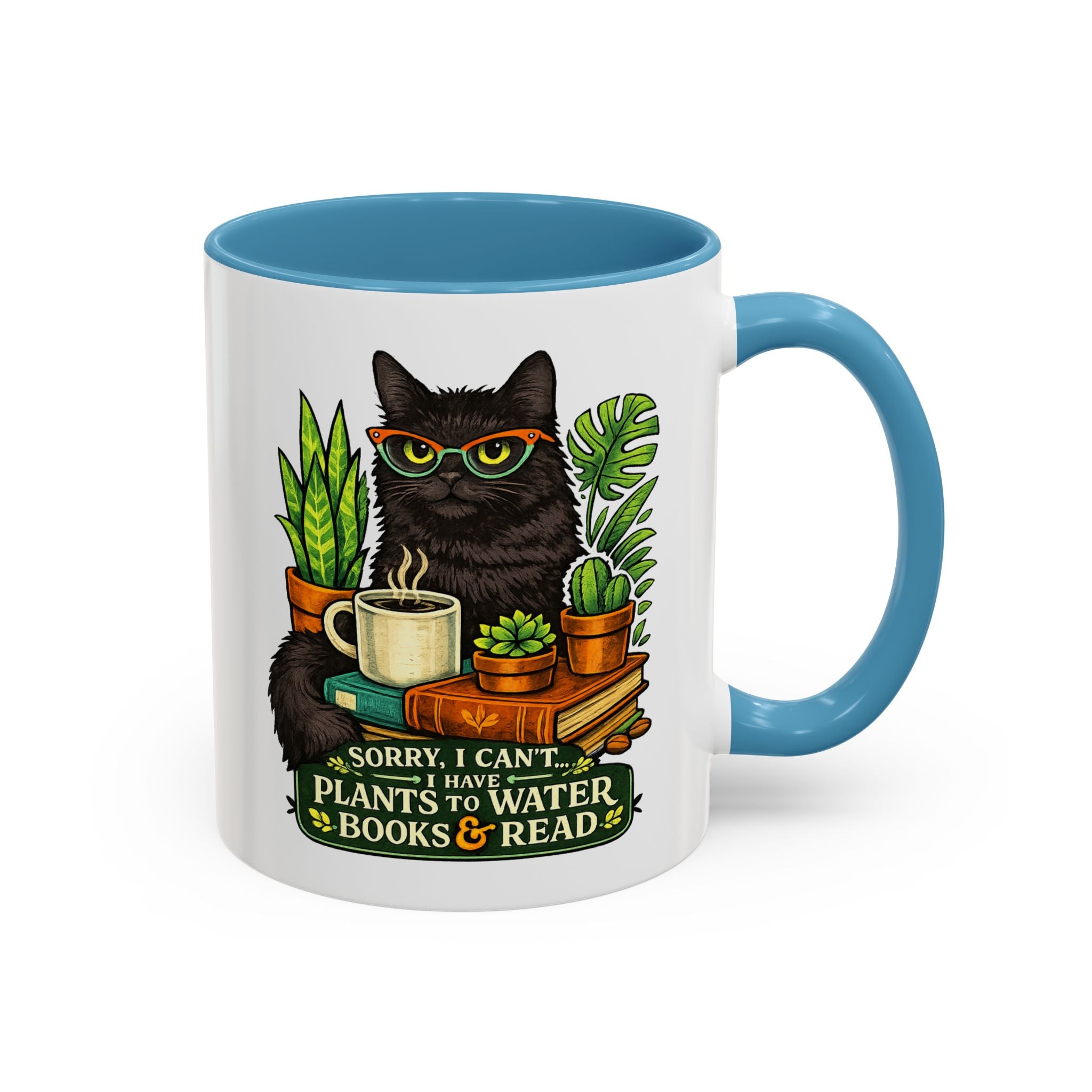 Cat & Plants Accent Coffee Mug — "Sorry, I Can't...I Have Plants to Water & Books to Read"