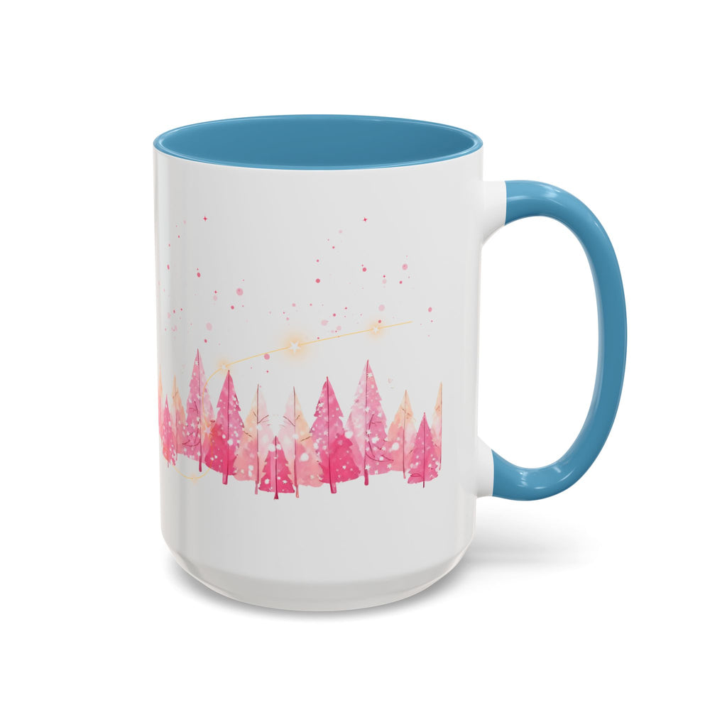 Pink Watercolor Pine Forest Accent Coffee Mug — Holiday Winter Trees (11/15 oz)