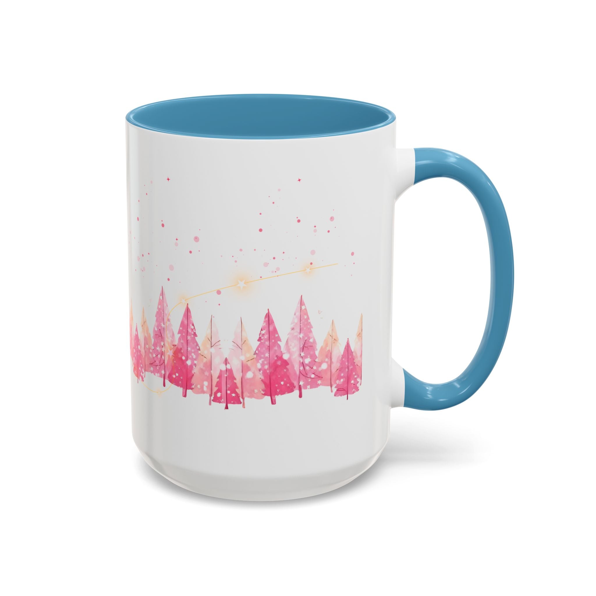 Pink Watercolor Pine Forest Accent Coffee Mug — Holiday Winter Trees (11/15 oz)