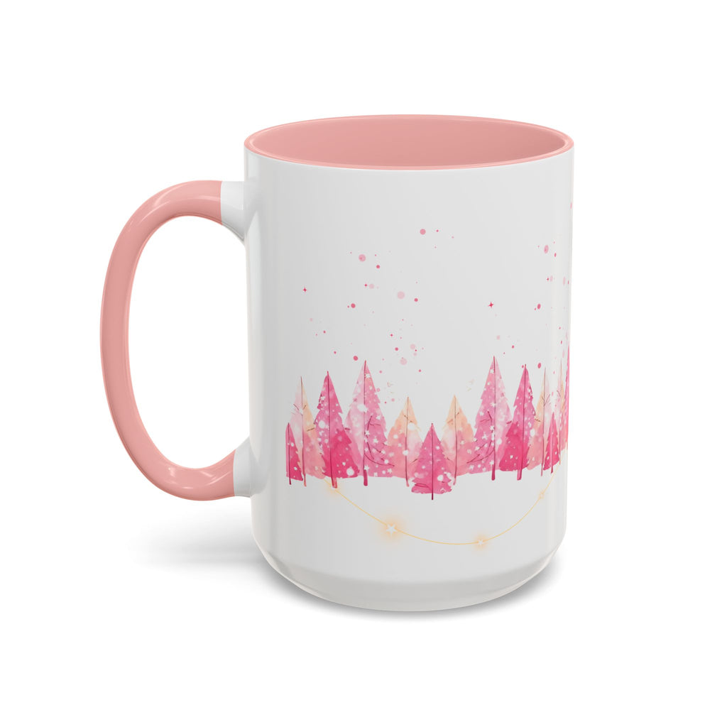 Pink Watercolor Pine Forest Accent Coffee Mug — Holiday Winter Trees (11/15 oz)