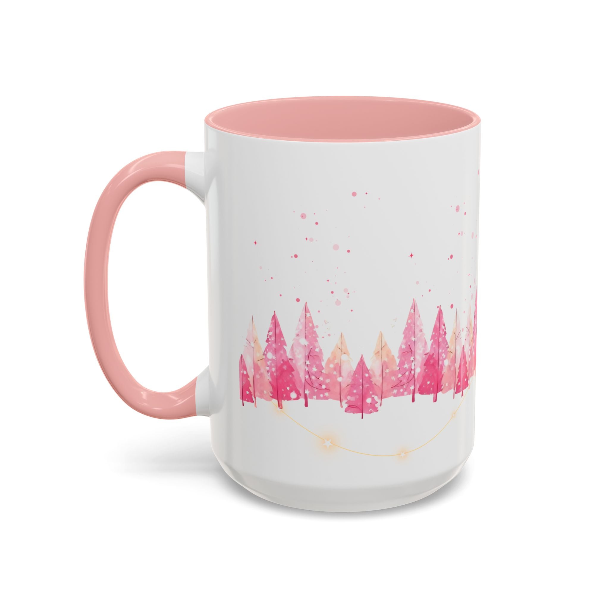 Pink Watercolor Pine Forest Accent Coffee Mug — Holiday Winter Trees (11/15 oz)