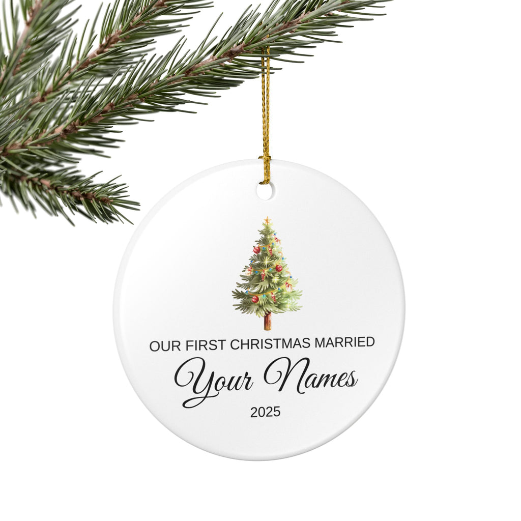 Personalized Wedding Christmas Ornament – First Christmas Married 2025 Round Ceramic