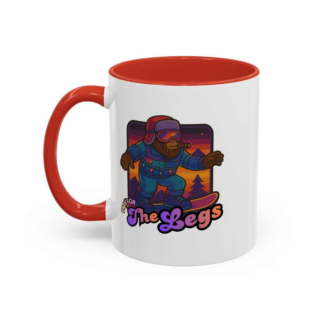 Snowboarding  Sasquatch Coffee Mug - 'Pray for The Legs' Retro Sunset Accent Mug (11/15oz)
