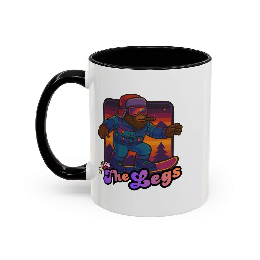 Snowboarding  Sasquatch Coffee Mug - 'Pray for The Legs' Retro Sunset Accent Mug (11/15oz)