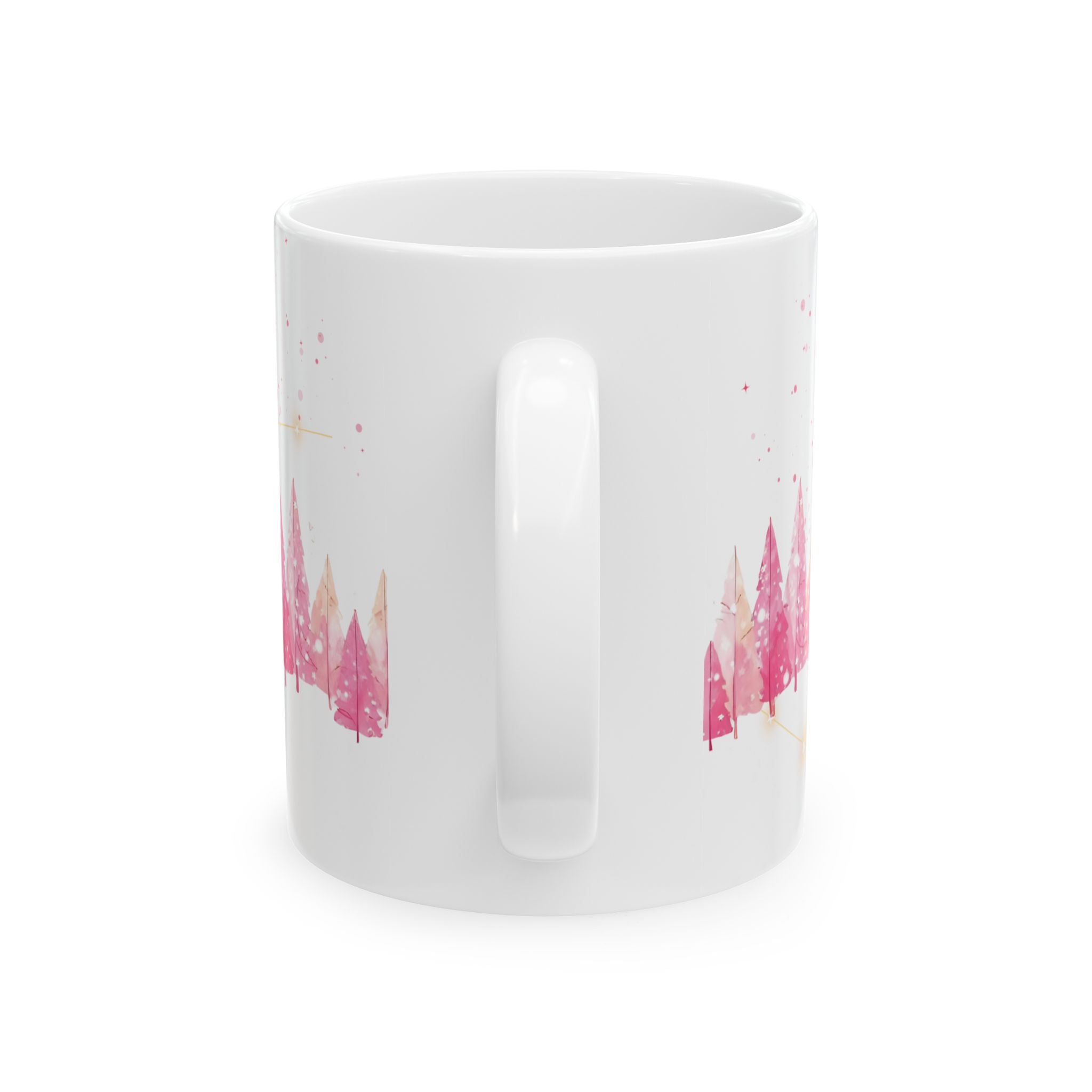 Pink Watercolor Christmas Trees Ceramic Mug — Holiday Coffee Cup (11oz, 15oz)