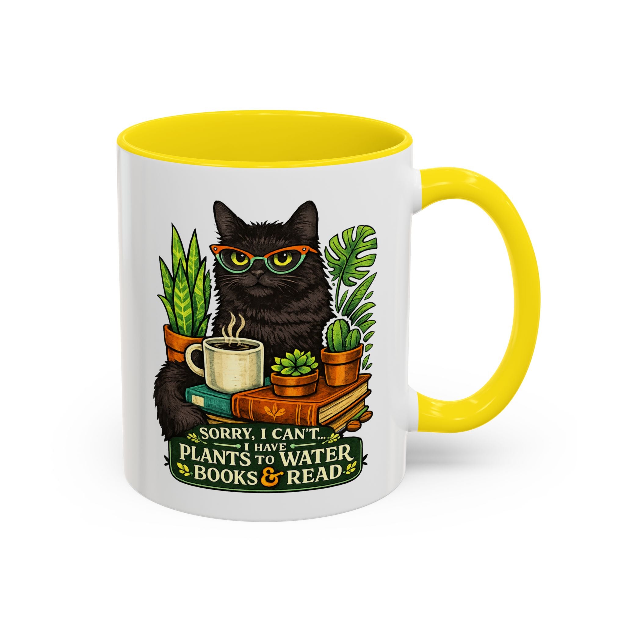Cat & Plants Accent Coffee Mug — "Sorry, I Can't...I Have Plants to Water & Books to Read"