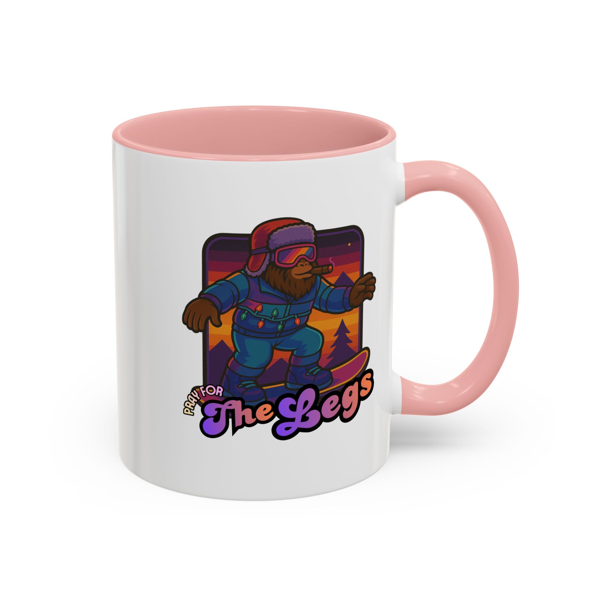 Snowboarding  Sasquatch Coffee Mug - 'Pray for The Legs' Retro Sunset Accent Mug (11/15oz)