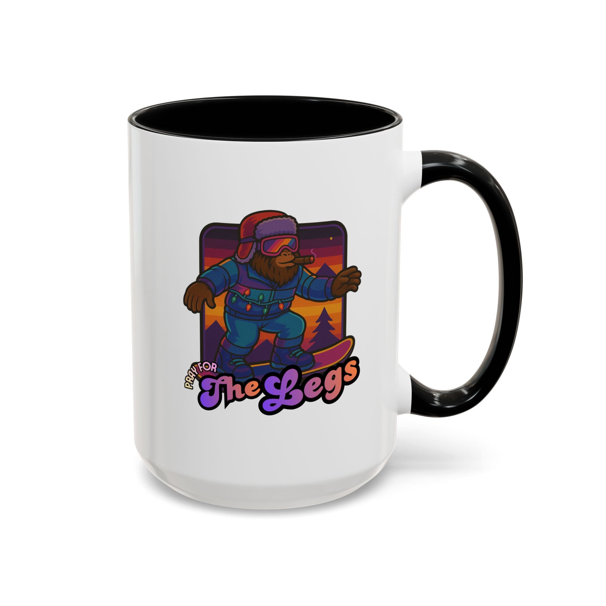 Snowboarding  Sasquatch Coffee Mug - 'Pray for The Legs' Retro Sunset Accent Mug (11/15oz)