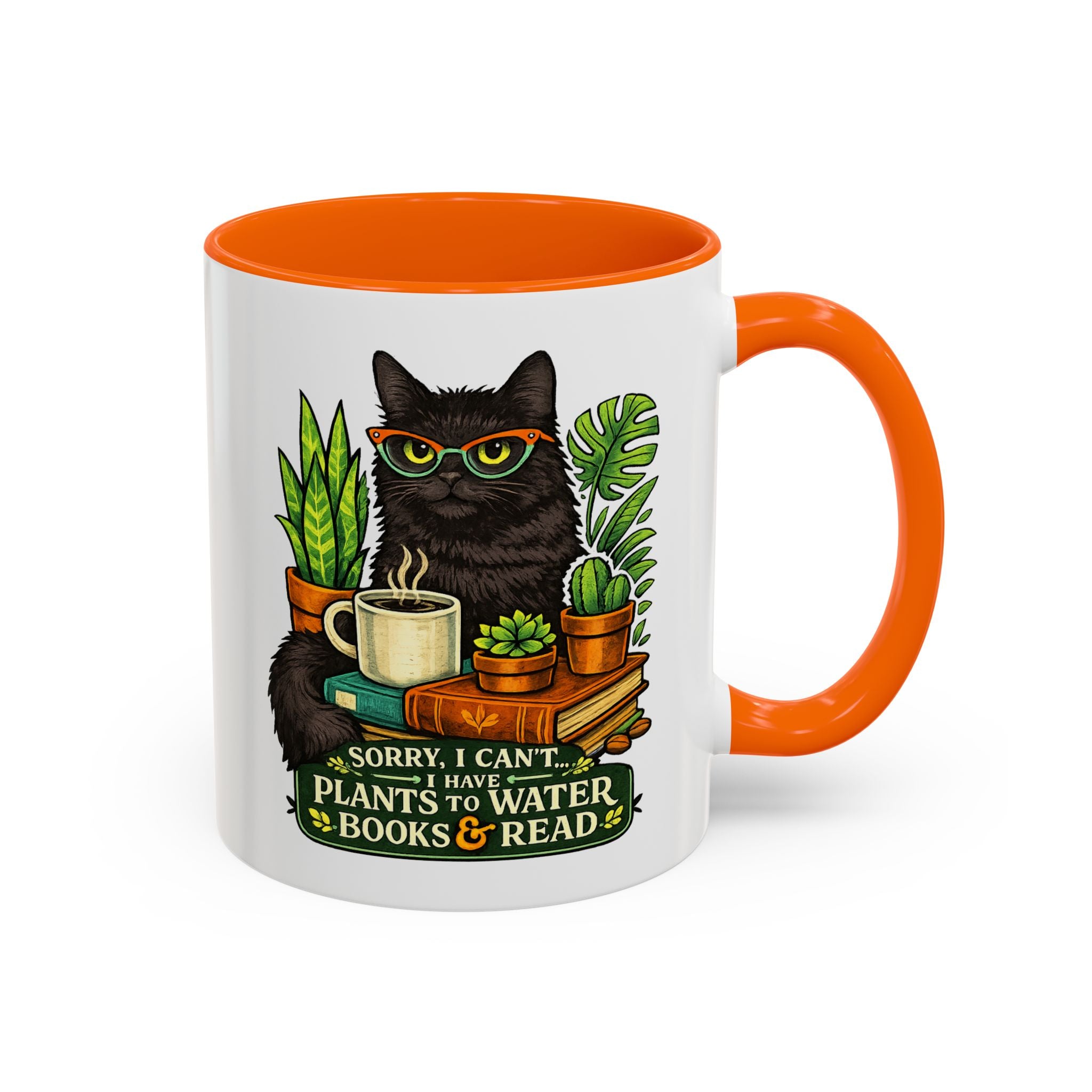 Cat & Plants Accent Coffee Mug — "Sorry, I Can't...I Have Plants to Water & Books to Read"