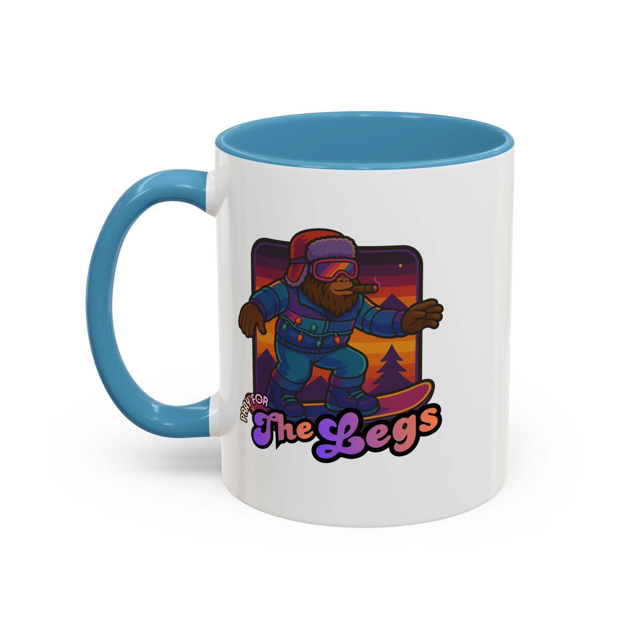 Snowboarding  Sasquatch Coffee Mug - 'Pray for The Legs' Retro Sunset Accent Mug (11/15oz)