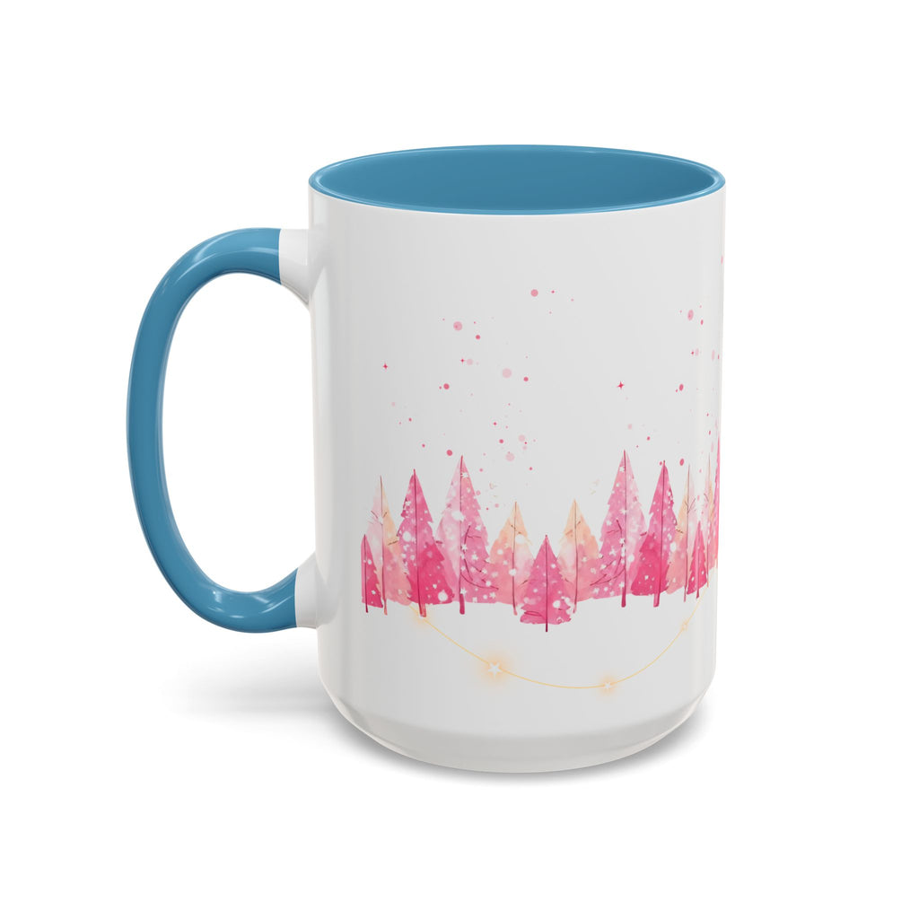 Pink Watercolor Pine Forest Accent Coffee Mug — Holiday Winter Trees (11/15 oz)