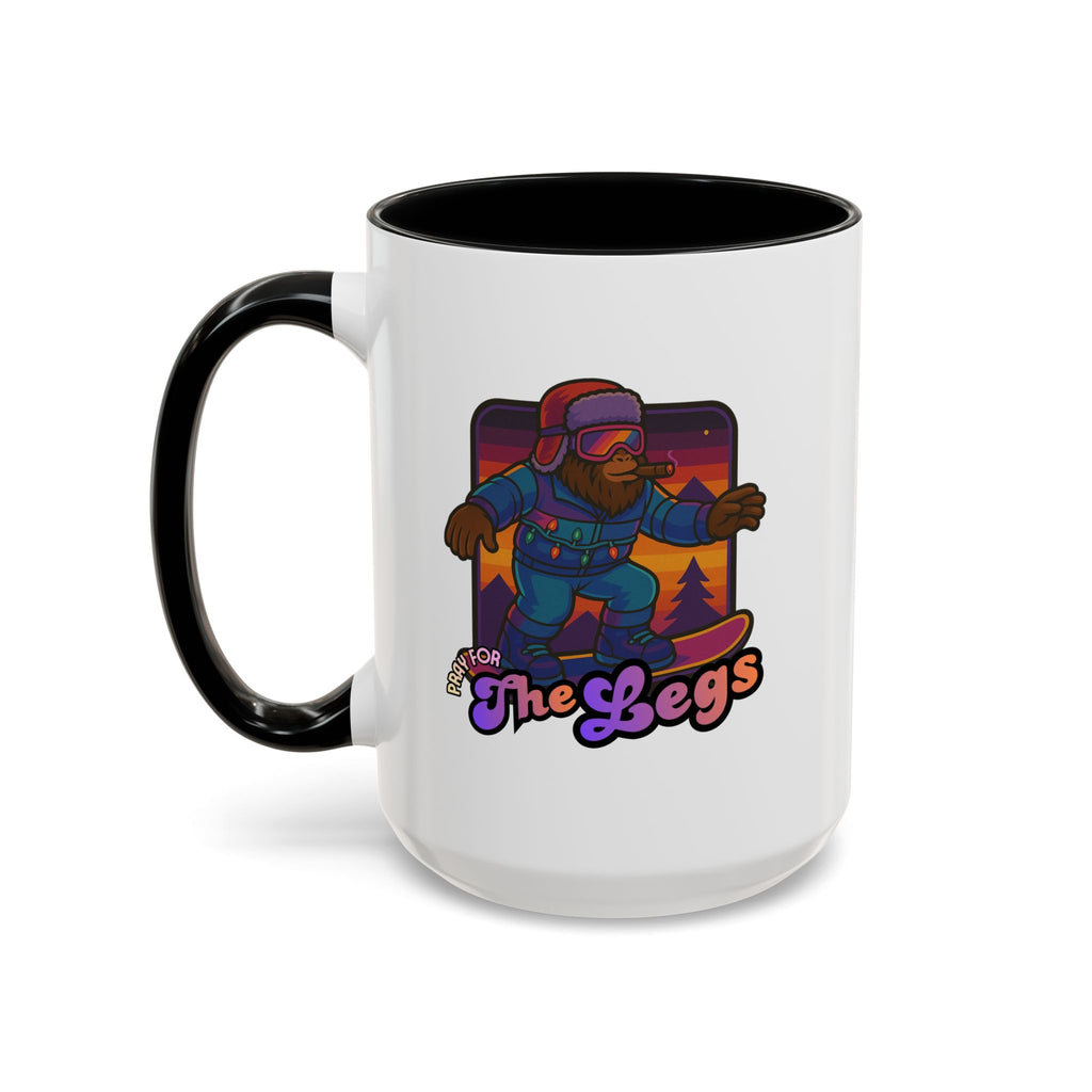 Snowboarding  Sasquatch Coffee Mug - 'Pray for The Legs' Retro Sunset Accent Mug (11/15oz)