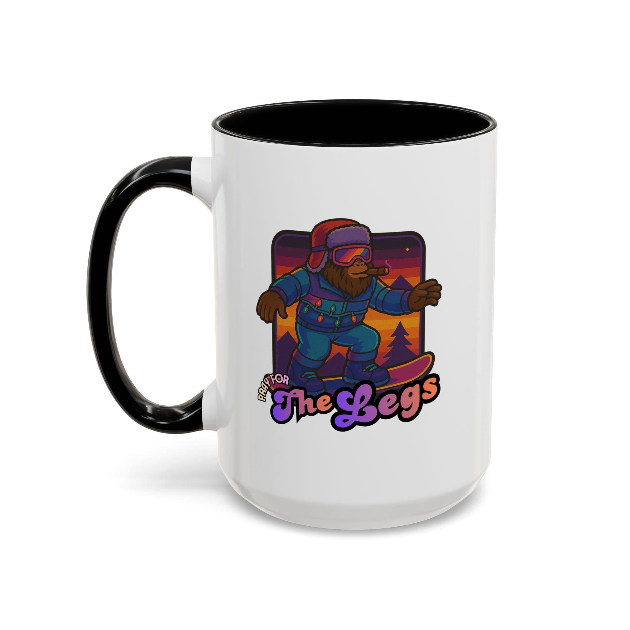 Snowboarding  Sasquatch Coffee Mug - 'Pray for The Legs' Retro Sunset Accent Mug (11/15oz)