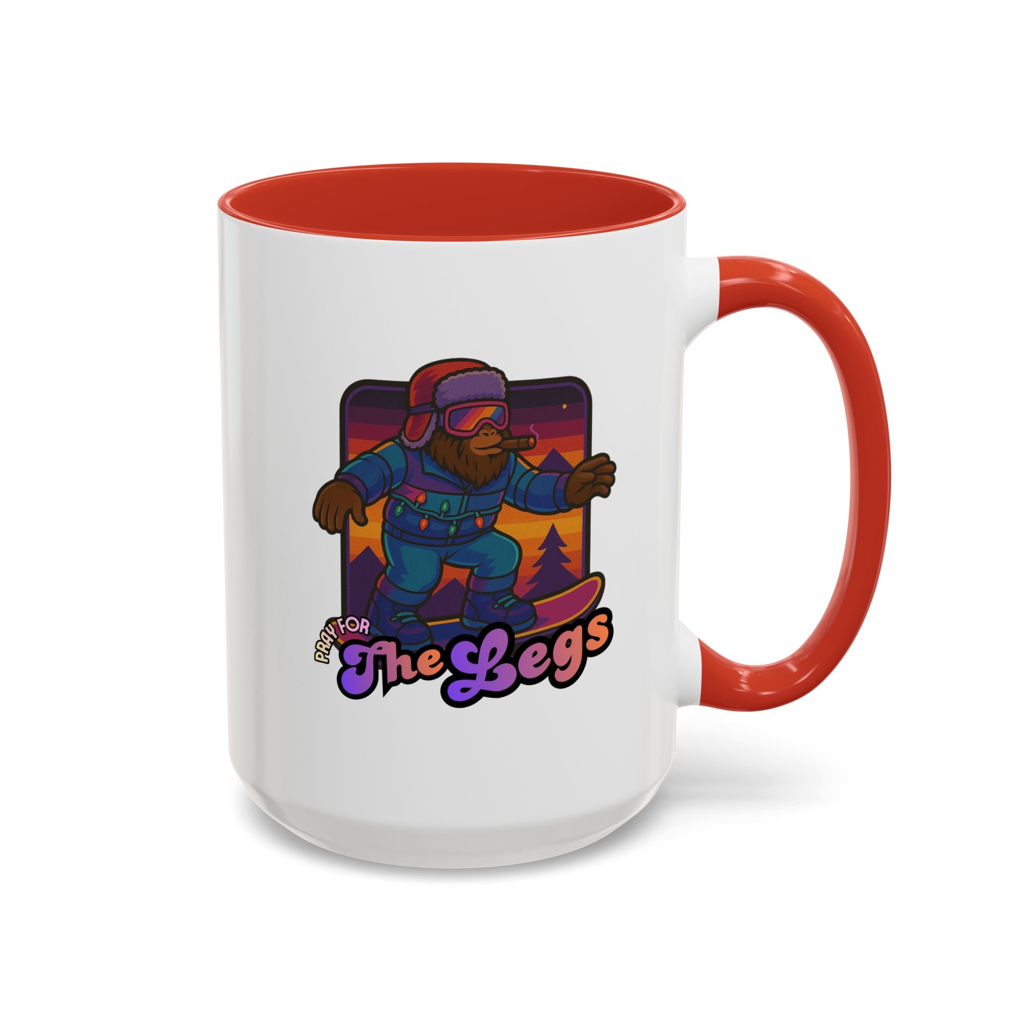 Snowboarding  Sasquatch Coffee Mug - 'Pray for The Legs' Retro Sunset Accent Mug (11/15oz)