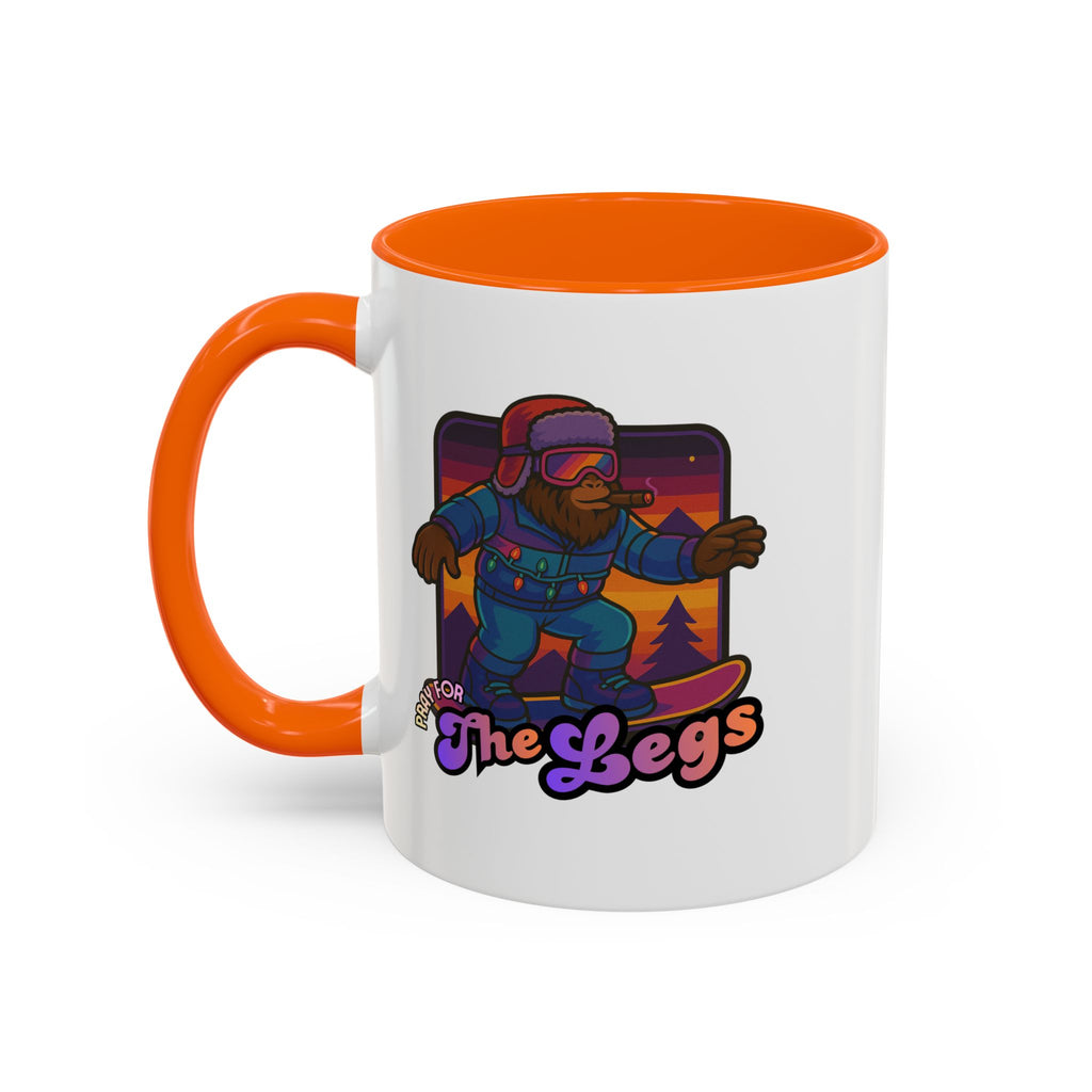 Snowboarding  Sasquatch Coffee Mug - 'Pray for The Legs' Retro Sunset Accent Mug (11/15oz)