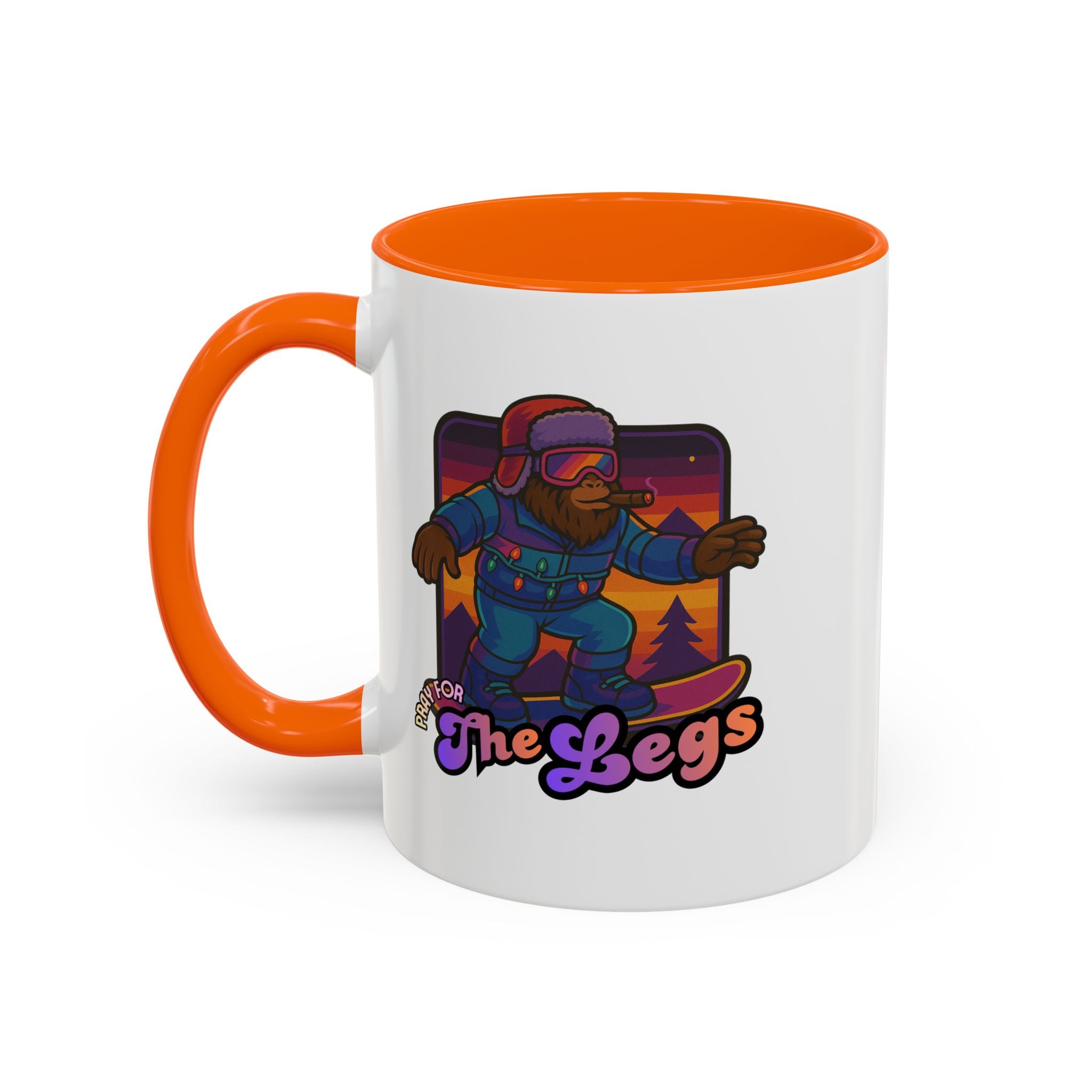 Snowboarding  Sasquatch Coffee Mug - 'Pray for The Legs' Retro Sunset Accent Mug (11/15oz)