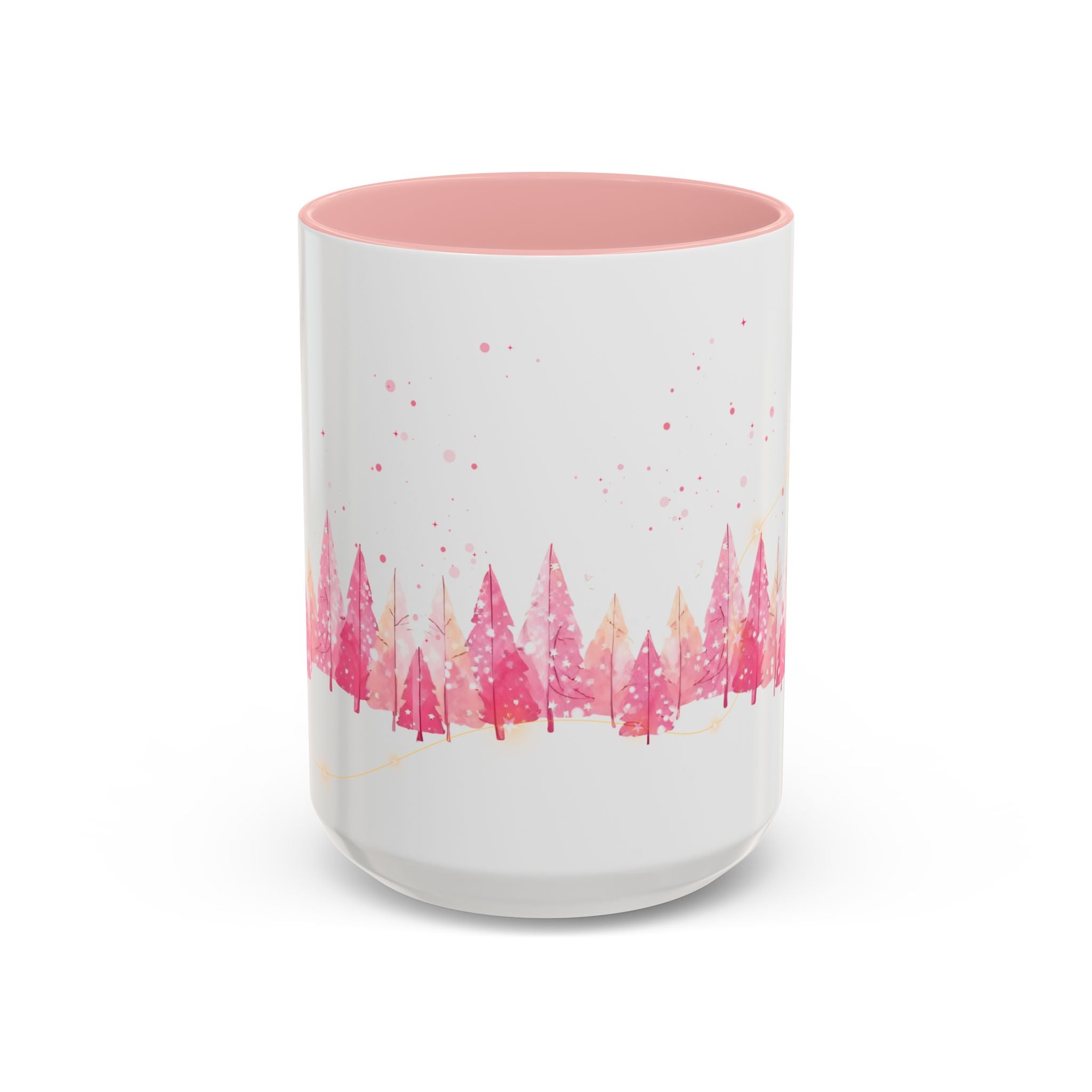 Pink Watercolor Pine Forest Accent Coffee Mug — Holiday Winter Trees (11/15 oz)