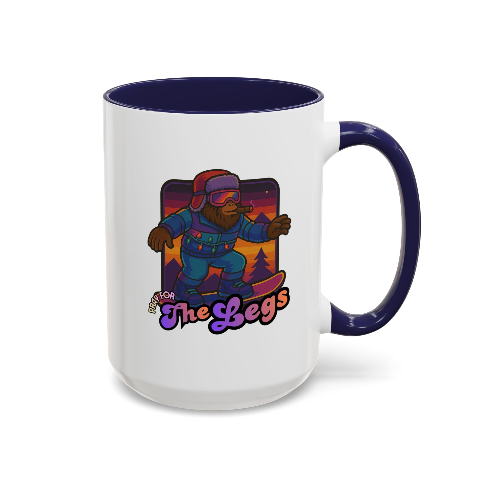 Snowboarding  Sasquatch Coffee Mug - 'Pray for The Legs' Retro Sunset Accent Mug (11/15oz)