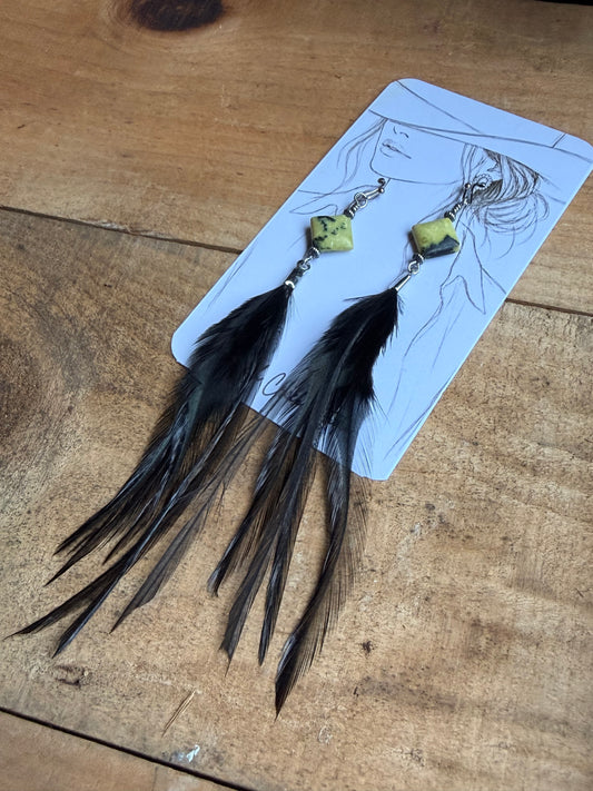 Yellow Turquoise Black Feather Earrings |5.5” Long