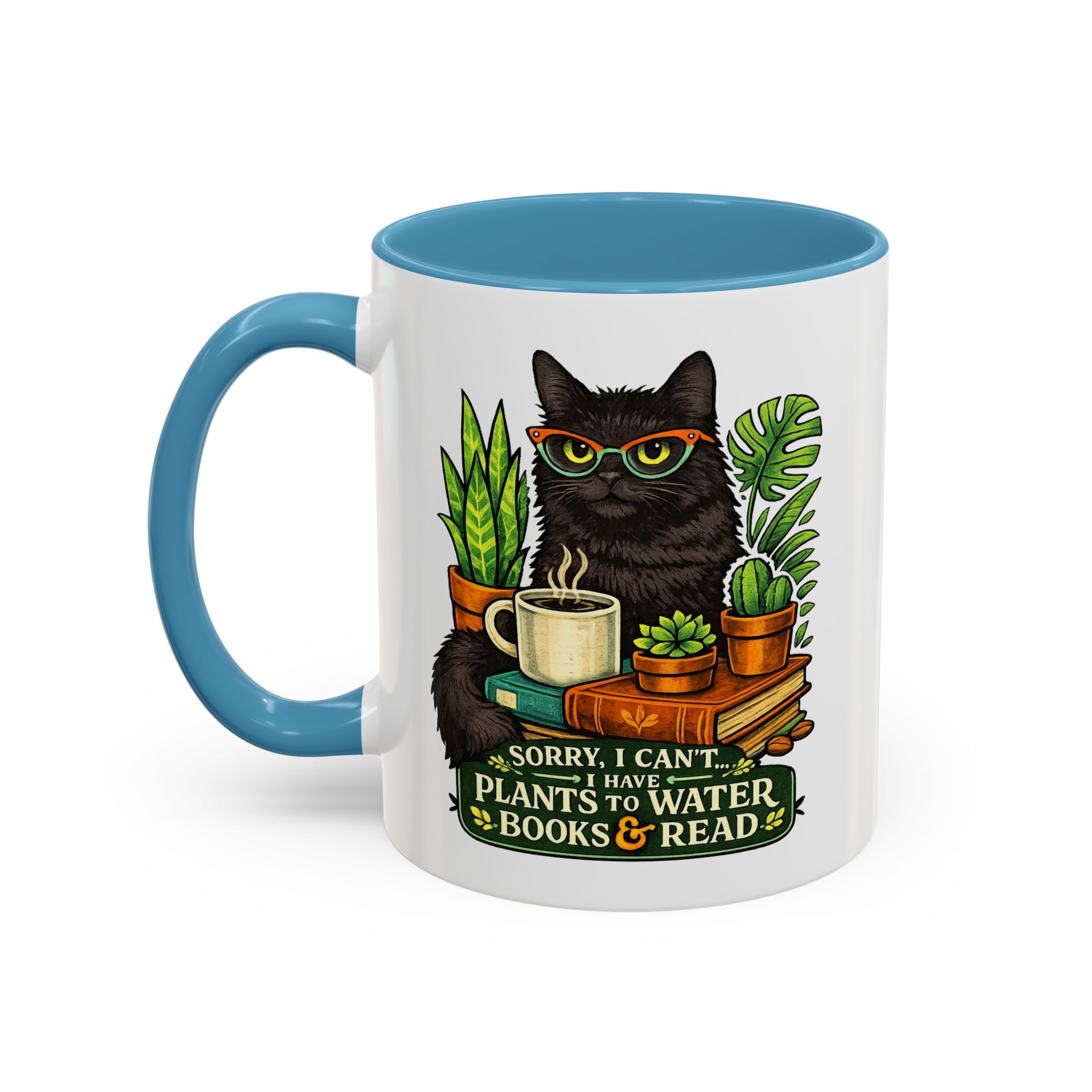 Cat & Plants Accent Coffee Mug — "Sorry, I Can't...I Have Plants to Water & Books to Read"