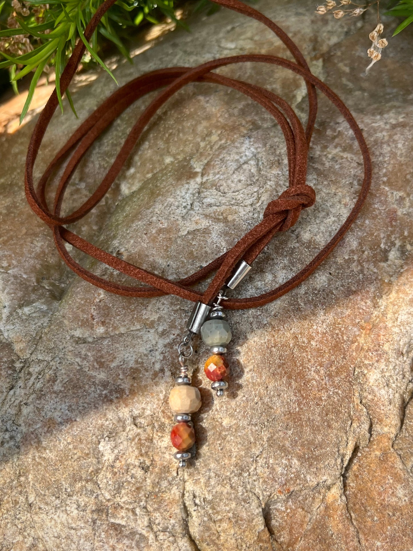 45” Medium Brown Suede Lariat with Jasper Stone