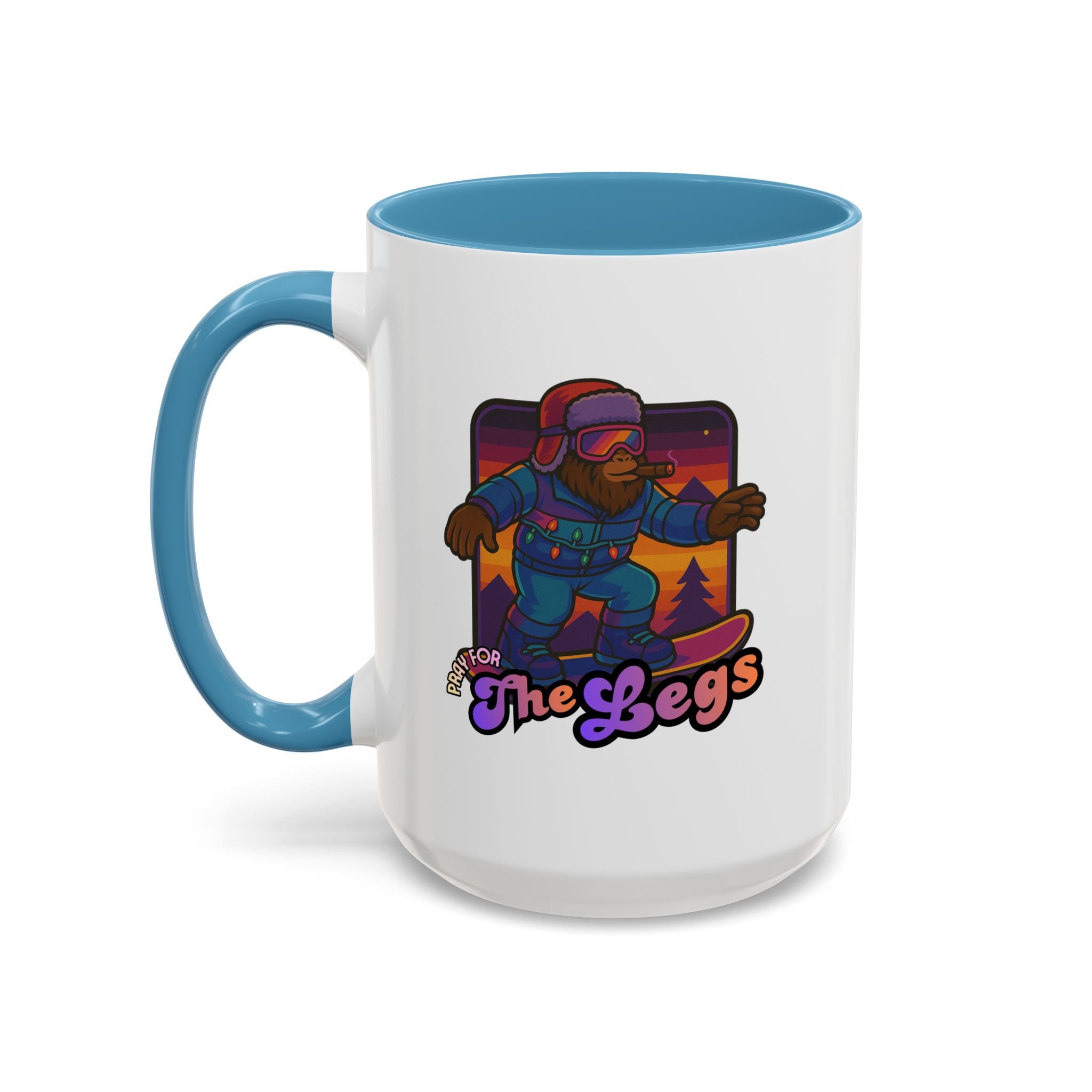 Snowboarding  Sasquatch Coffee Mug - 'Pray for The Legs' Retro Sunset Accent Mug (11/15oz)