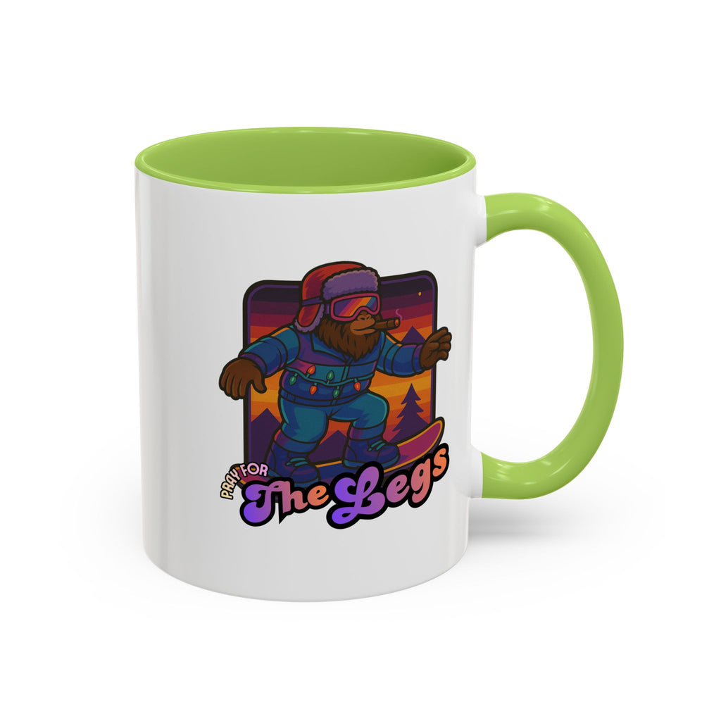 Snowboarding  Sasquatch Coffee Mug - 'Pray for The Legs' Retro Sunset Accent Mug (11/15oz)