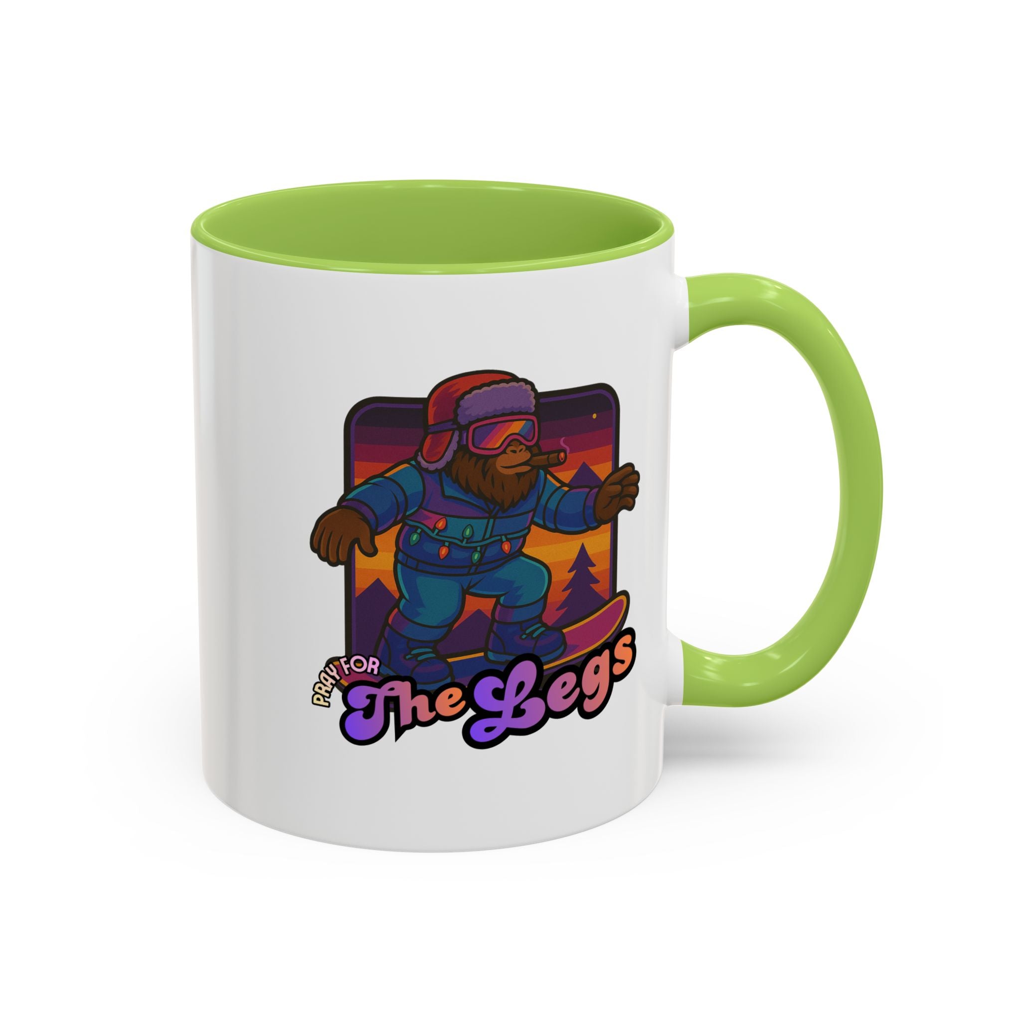Snowboarding  Sasquatch Coffee Mug - 'Pray for The Legs' Retro Sunset Accent Mug (11/15oz)