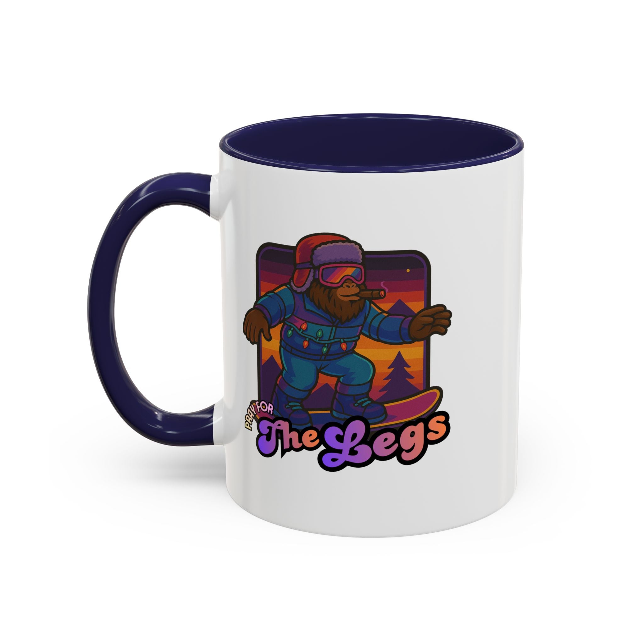 Snowboarding  Sasquatch Coffee Mug - 'Pray for The Legs' Retro Sunset Accent Mug (11/15oz)
