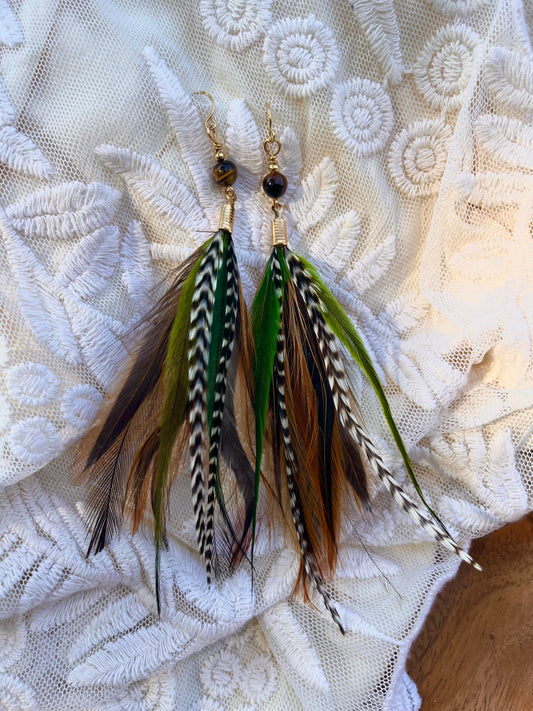 5.5” Brown & Green Feather Earrings with Tiger’s Eye stone