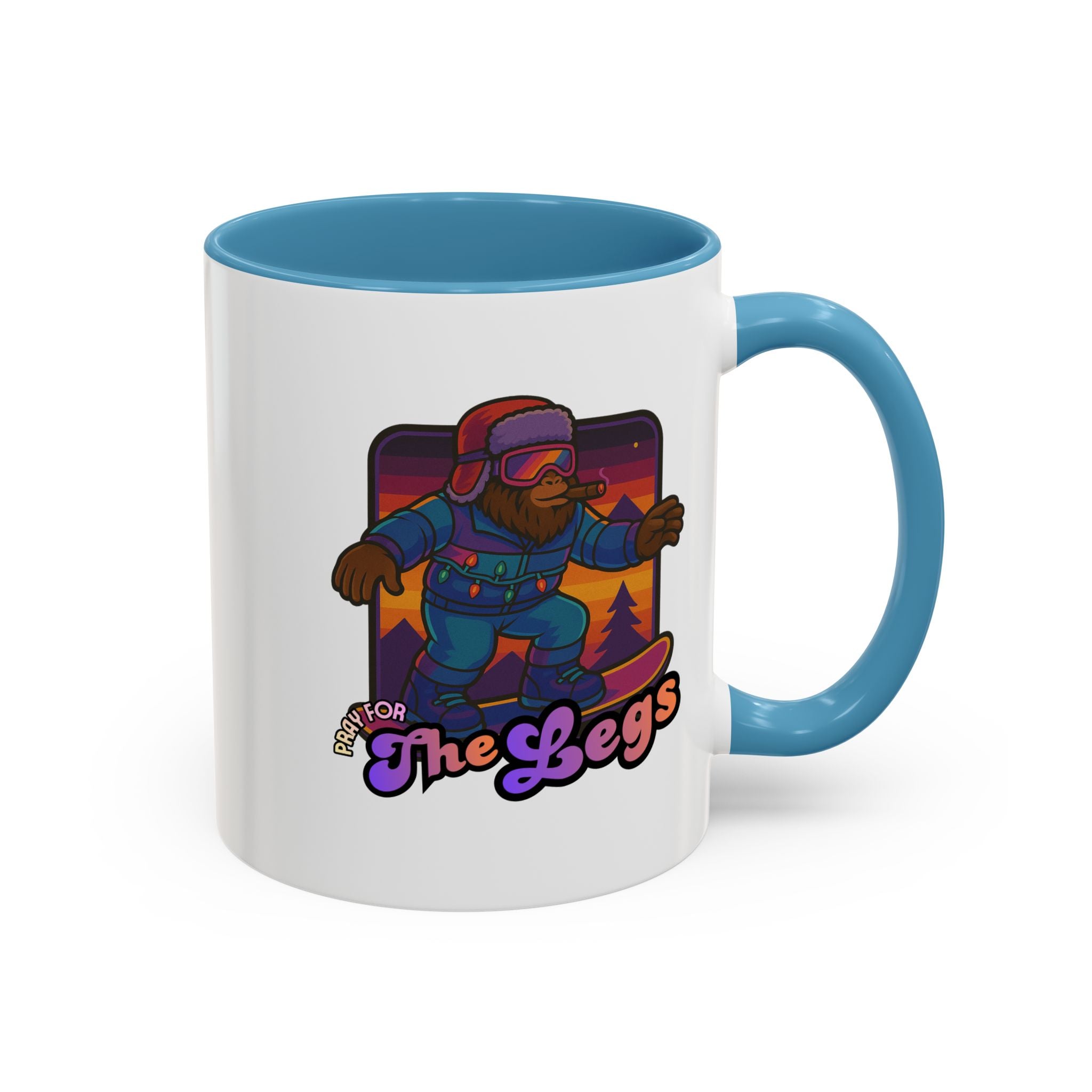 Snowboarding  Sasquatch Coffee Mug - 'Pray for The Legs' Retro Sunset Accent Mug (11/15oz)