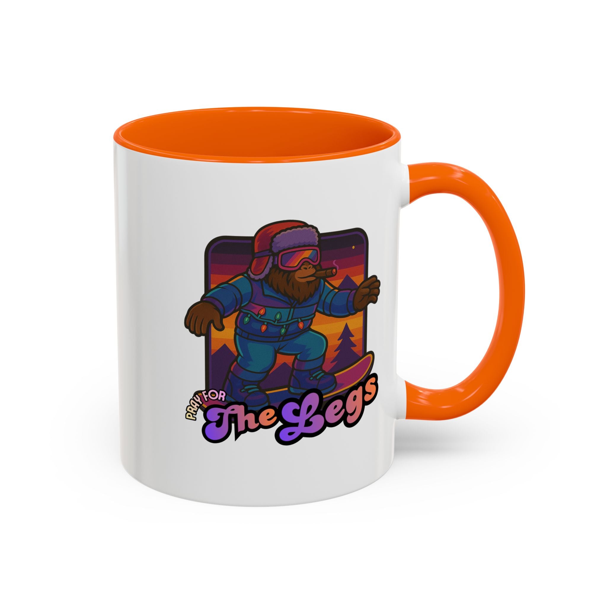Snowboarding  Sasquatch Coffee Mug - 'Pray for The Legs' Retro Sunset Accent Mug (11/15oz)
