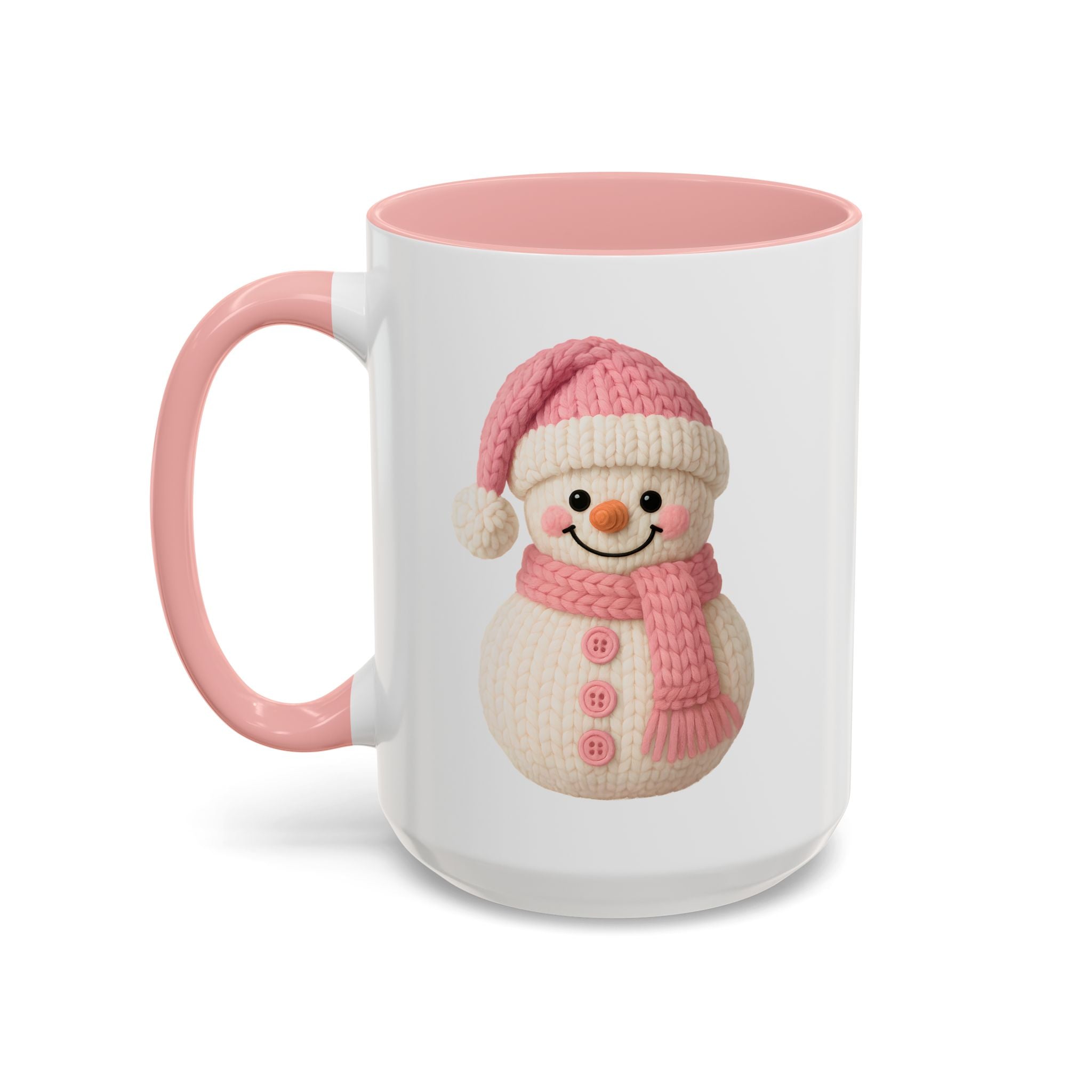 Pink Knitted Snowman Accent Coffee Mug — Cute Holiday Winter Drinkware (11/15oz)