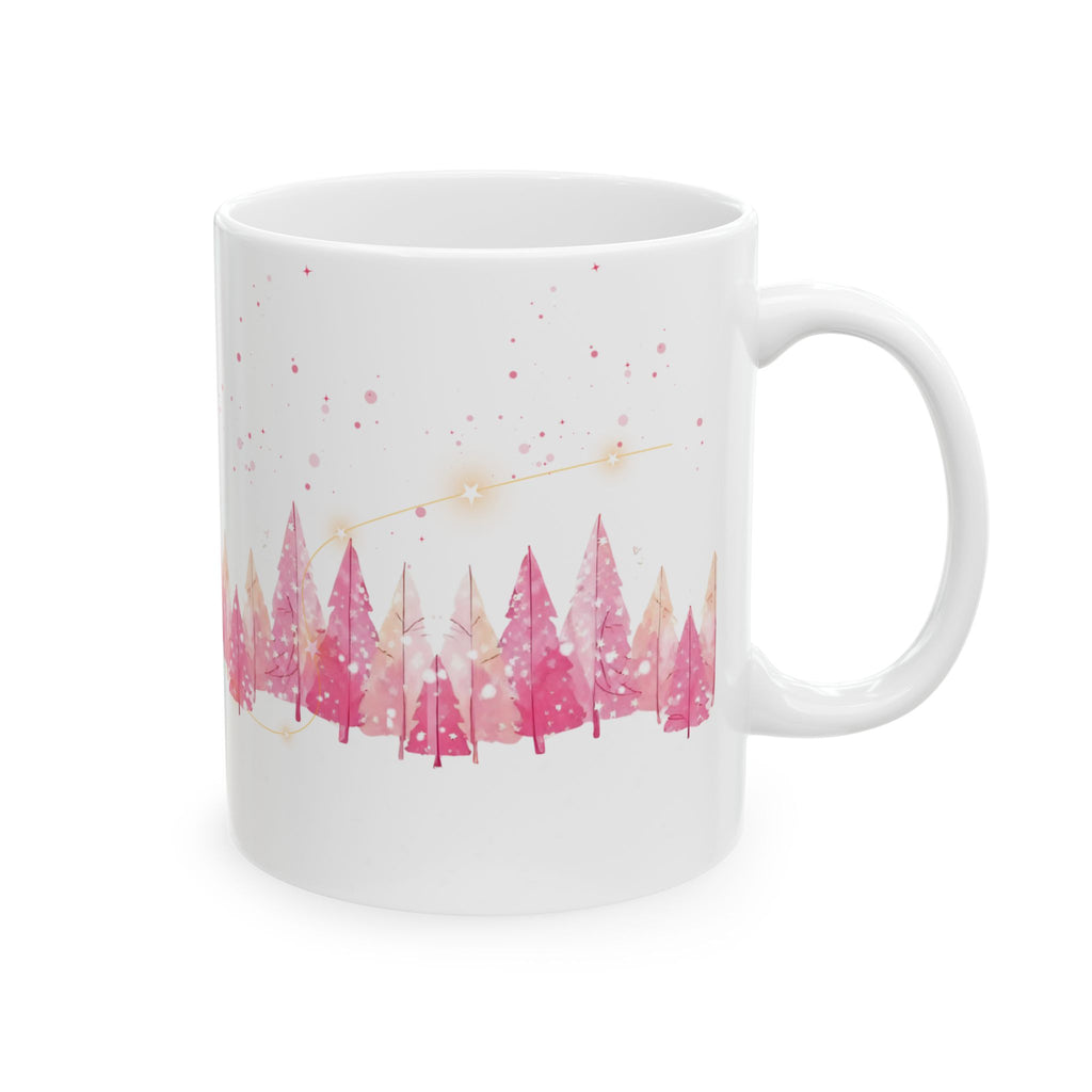 Pink Watercolor Christmas Trees Ceramic Mug — Holiday Coffee Cup (11oz, 15oz)
