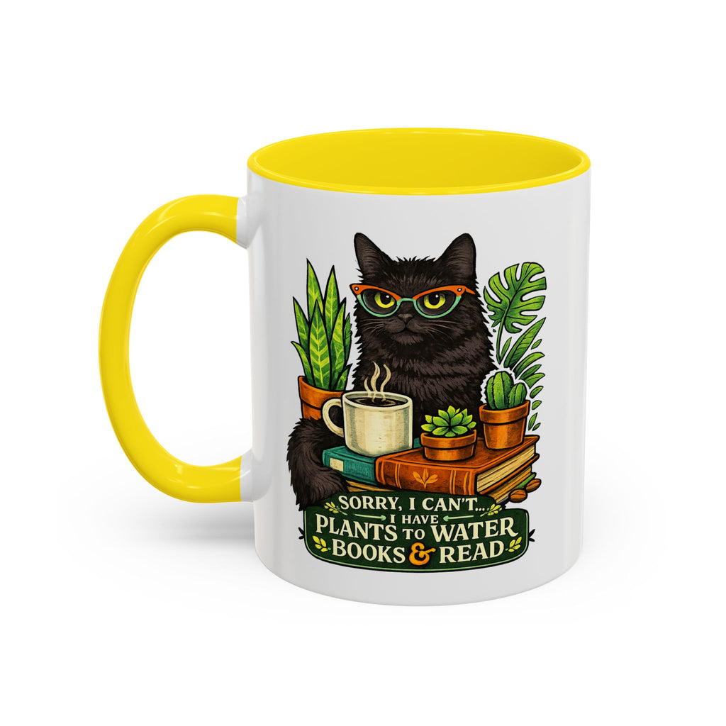 Cat & Plants Accent Coffee Mug — "Sorry, I Can't...I Have Plants to Water & Books to Read"