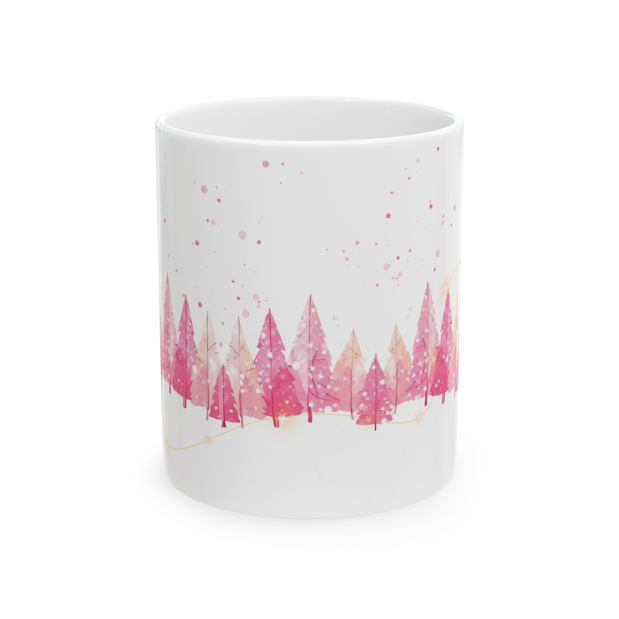 Pink Watercolor Christmas Trees Ceramic Mug — Holiday Coffee Cup (11oz, 15oz)