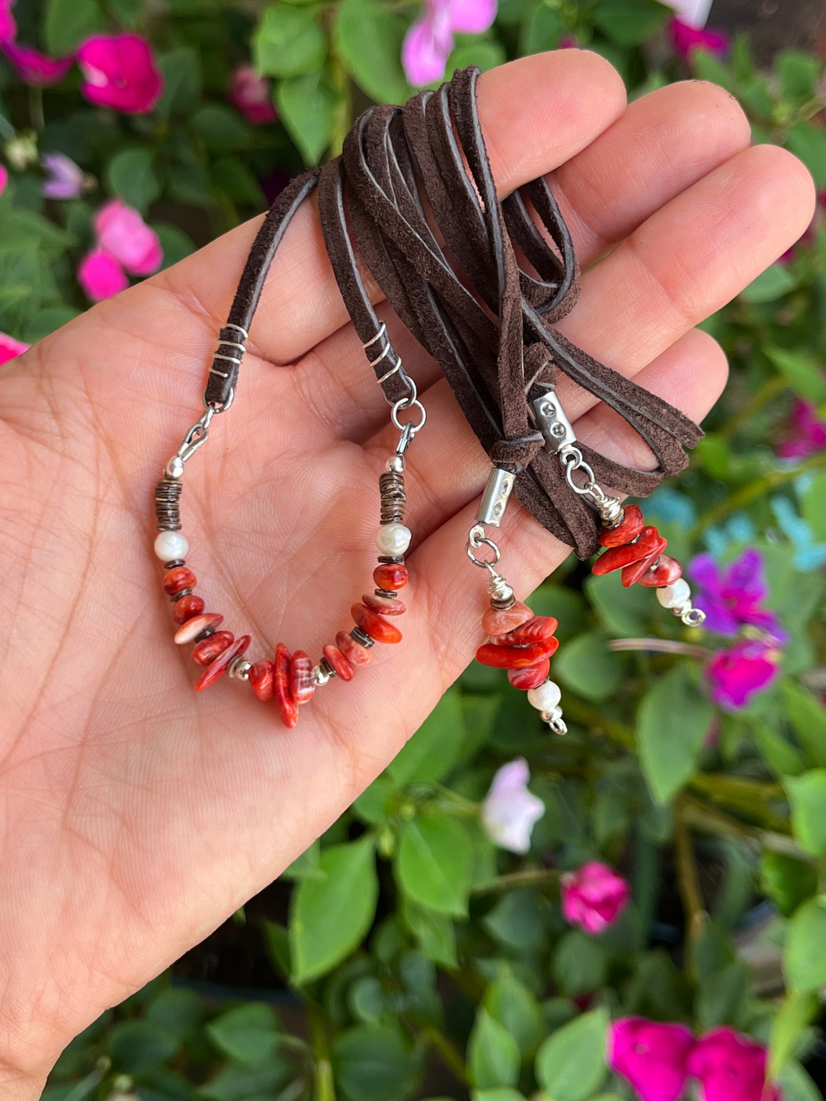 Red Coral & Pearl Choker Lariat Necklace