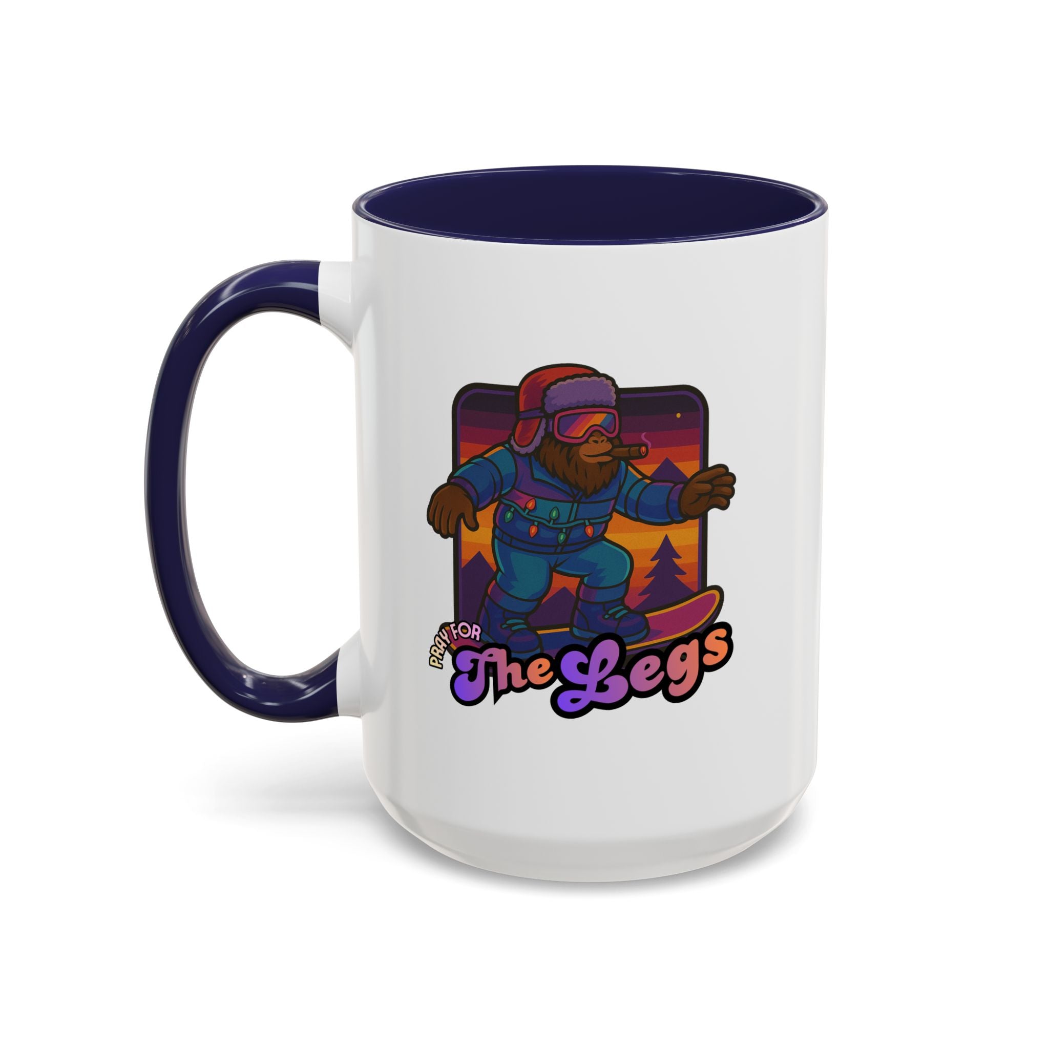 Snowboarding  Sasquatch Coffee Mug - 'Pray for The Legs' Retro Sunset Accent Mug (11/15oz)