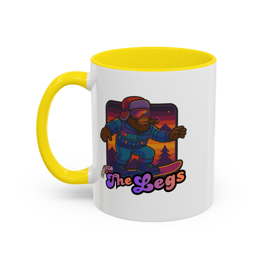 Snowboarding  Sasquatch Coffee Mug - 'Pray for The Legs' Retro Sunset Accent Mug (11/15oz)