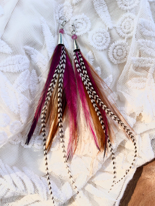 6” Brown Rooster + Hot Pink Emu Feather Earrings