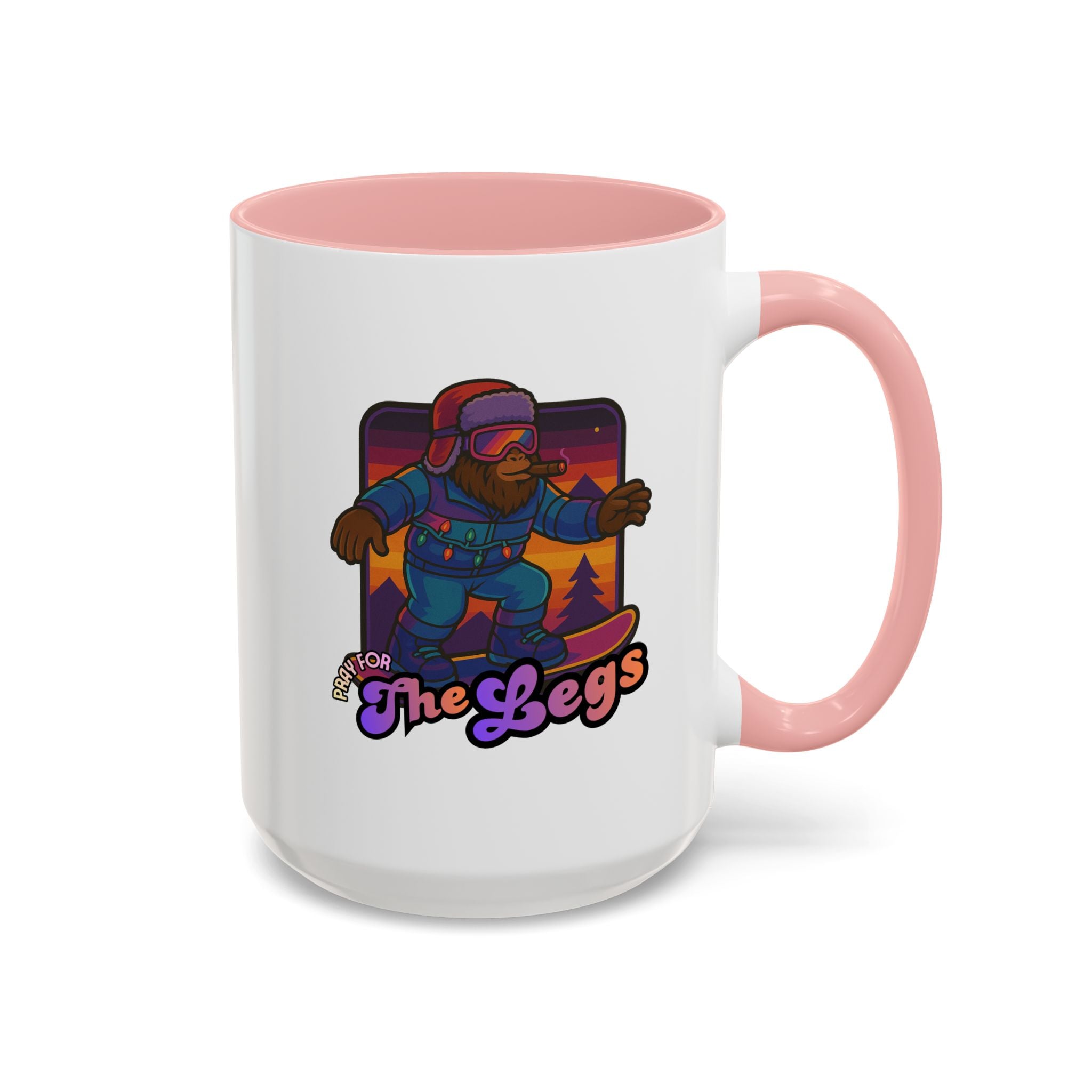 Snowboarding  Sasquatch Coffee Mug - 'Pray for The Legs' Retro Sunset Accent Mug (11/15oz)
