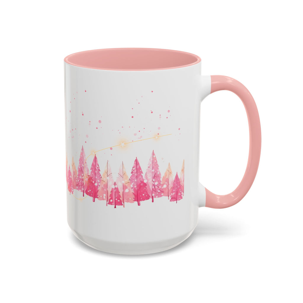 Pink Watercolor Pine Forest Accent Coffee Mug — Holiday Winter Trees (11/15 oz)