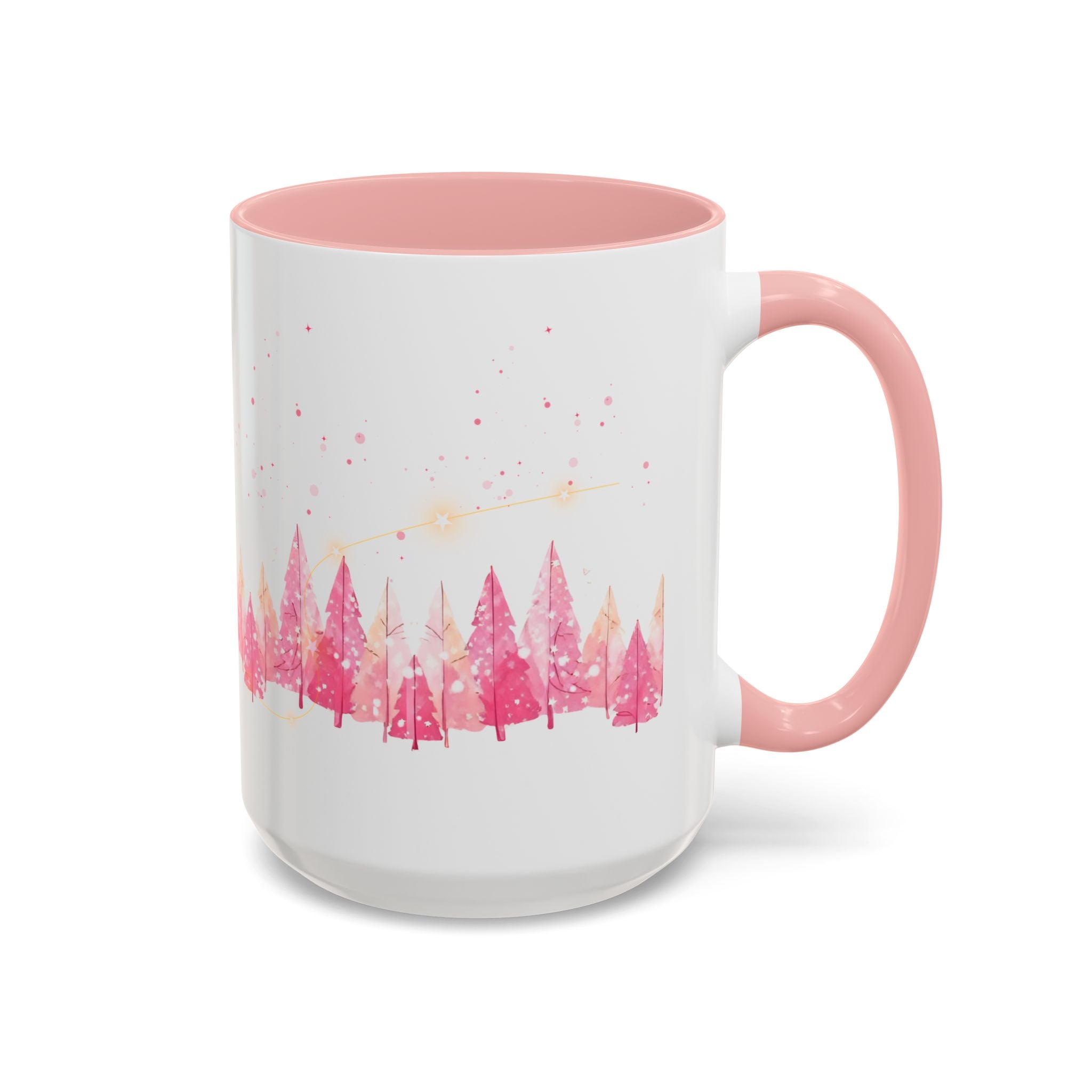 Pink Watercolor Pine Forest Accent Coffee Mug — Holiday Winter Trees (11/15 oz)